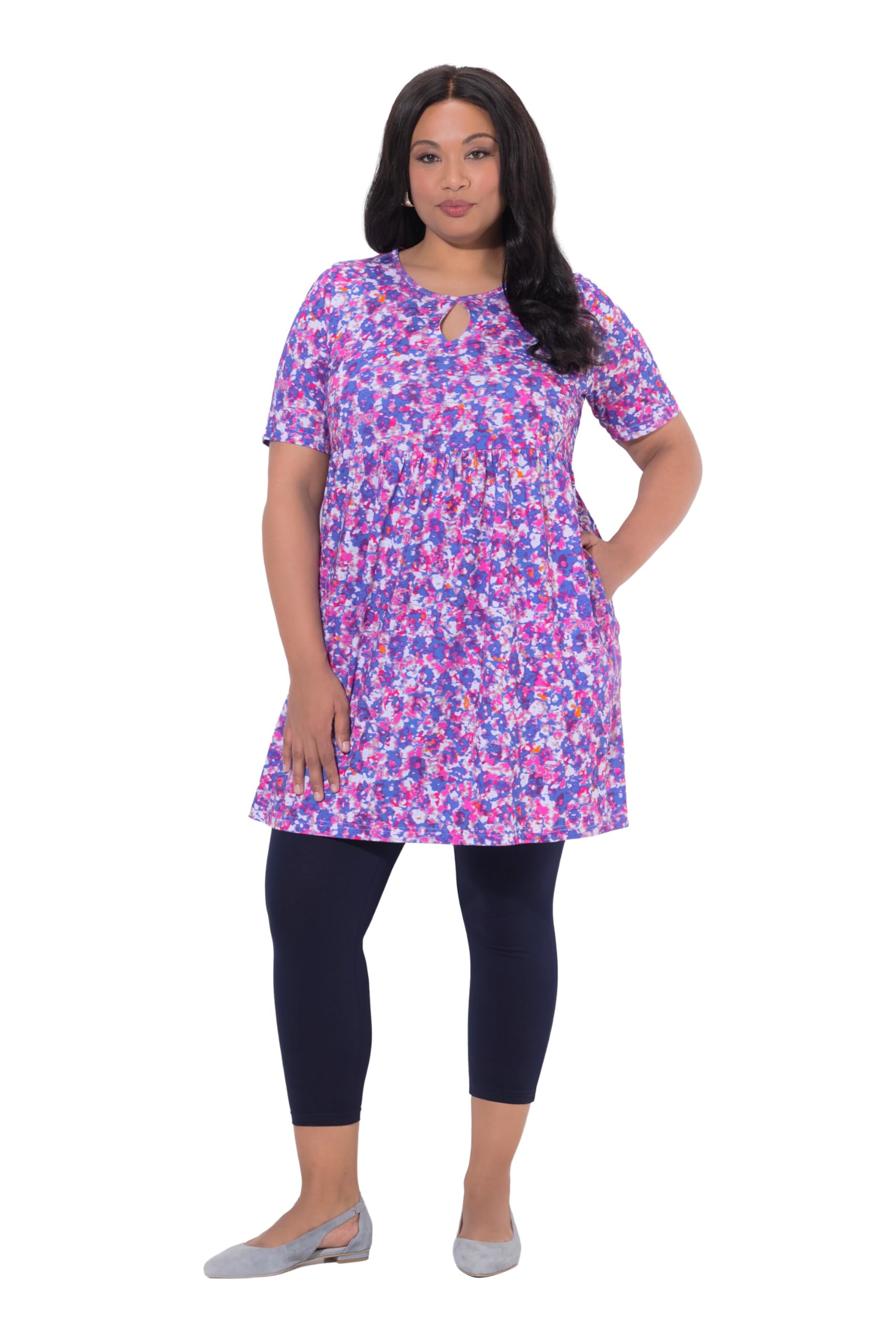 Ulla Popken Damen große Größen Übergrößen Plus Size Longshirt, Gemustert, A-Linie, Rundhals, Keyhole, Halbarm 847563