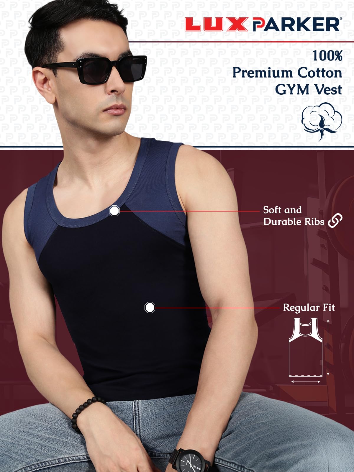 Lux Parker Men's Cotton Solid Gym Vest_LUX_Parker_1501_Gym_Vest_COL_80_10PC 3
