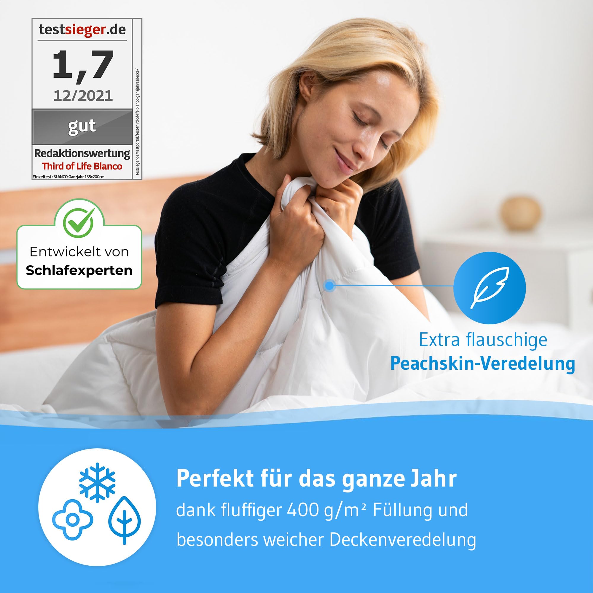 Bettdecke 135x200 mit Hygieneschutz & weicher Veredelung, Nachhaltige Ganzjahresdecke Blanco, Atmungsaktive Hohlfaser, Feuchtigkeitsregulierende Steppdecke, Warme 135 x 200 Blanket für Allergiker
