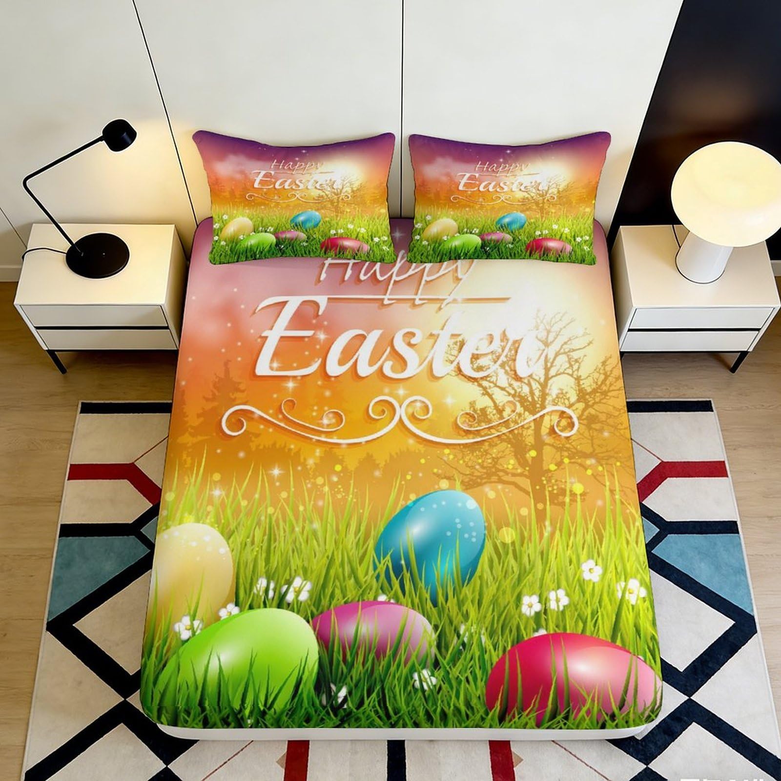 3D Printed Easter Egg Festival Fitted Sheet Microfiber Decor Mattress Cover for Bedroom Guest Room Dorm Protection 90x200x25cm