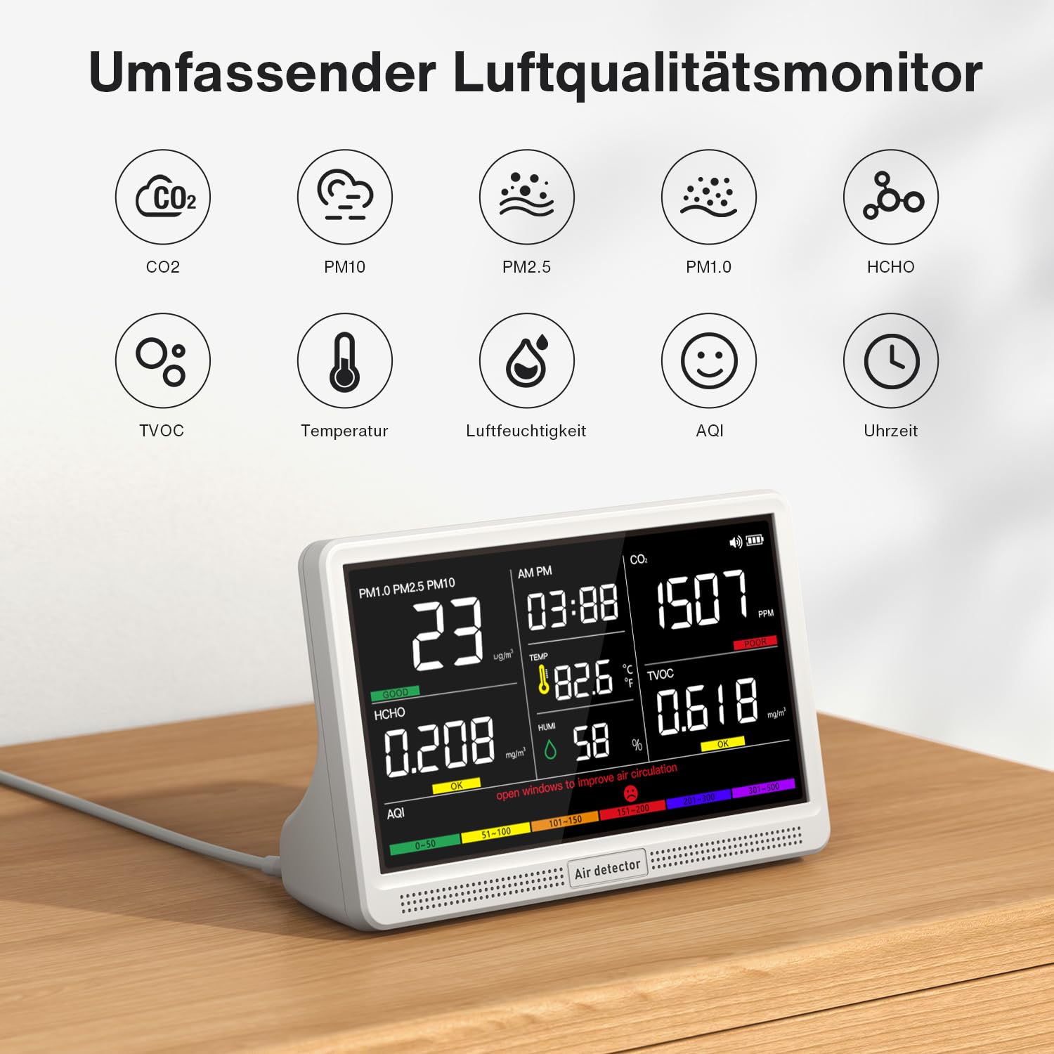 bonoch 16 en 1 Appareil de Mesure de la Qualité de l'Air Écran 7" – 9 Paramètres AQI + 7 Alertes – Détecteur de COV, CO2, PM2.5 PM1.0 PM10, HCHO (Air Quality Monitor) Température, Humidité, AQI, Heure
