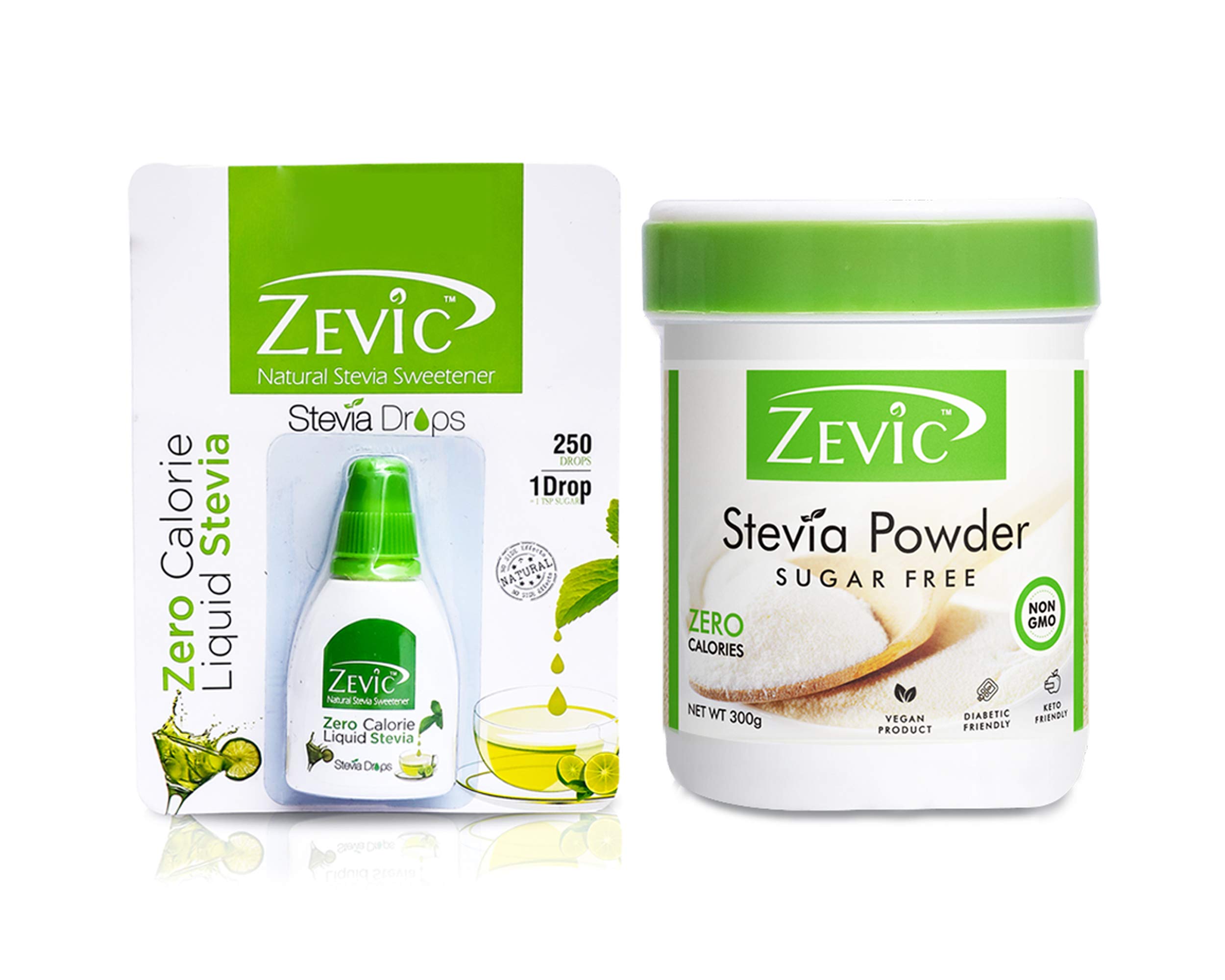 ZEVIC 100% Sugar Free Stevia Powder, 300g & Liquid Stevia Drops, 15ml | Natural & Diabetic Friendly - Combo Pack (B07HX9BHXR) Amazon Price History, Amazon Price Tracker