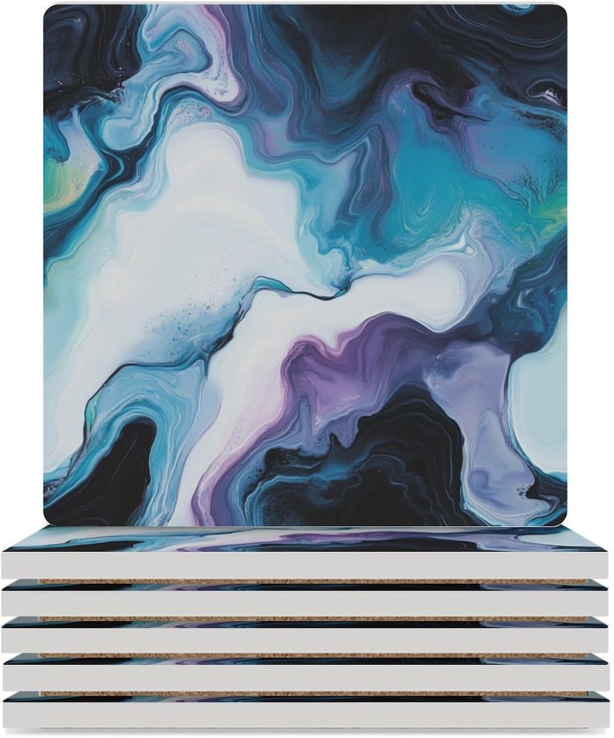 Abstract Blue Pattern Funny Ceramic Coasters for Drinks Absorbent Cup Holder Tabletop Protector with Cork Base
