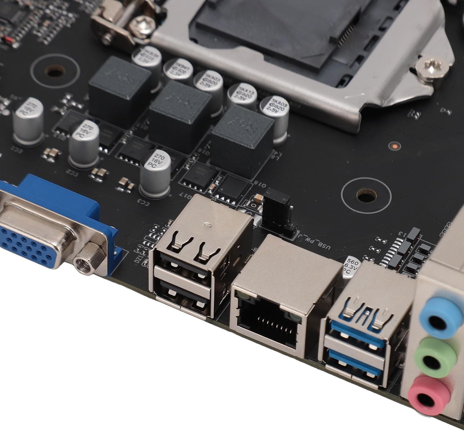 Close-up of the motherboard's rear I/O ports, including USB, Ethernet, and audio jacks.