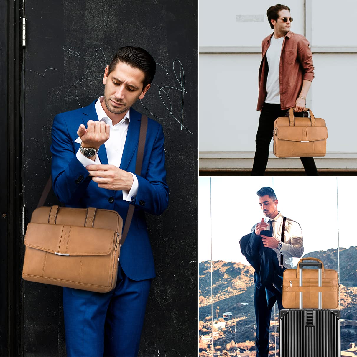 SPAHER Borsa da Laptop da 15,6 pollici - Portatile per uomini con pelle genuina e catena interrotta - Dettaglio