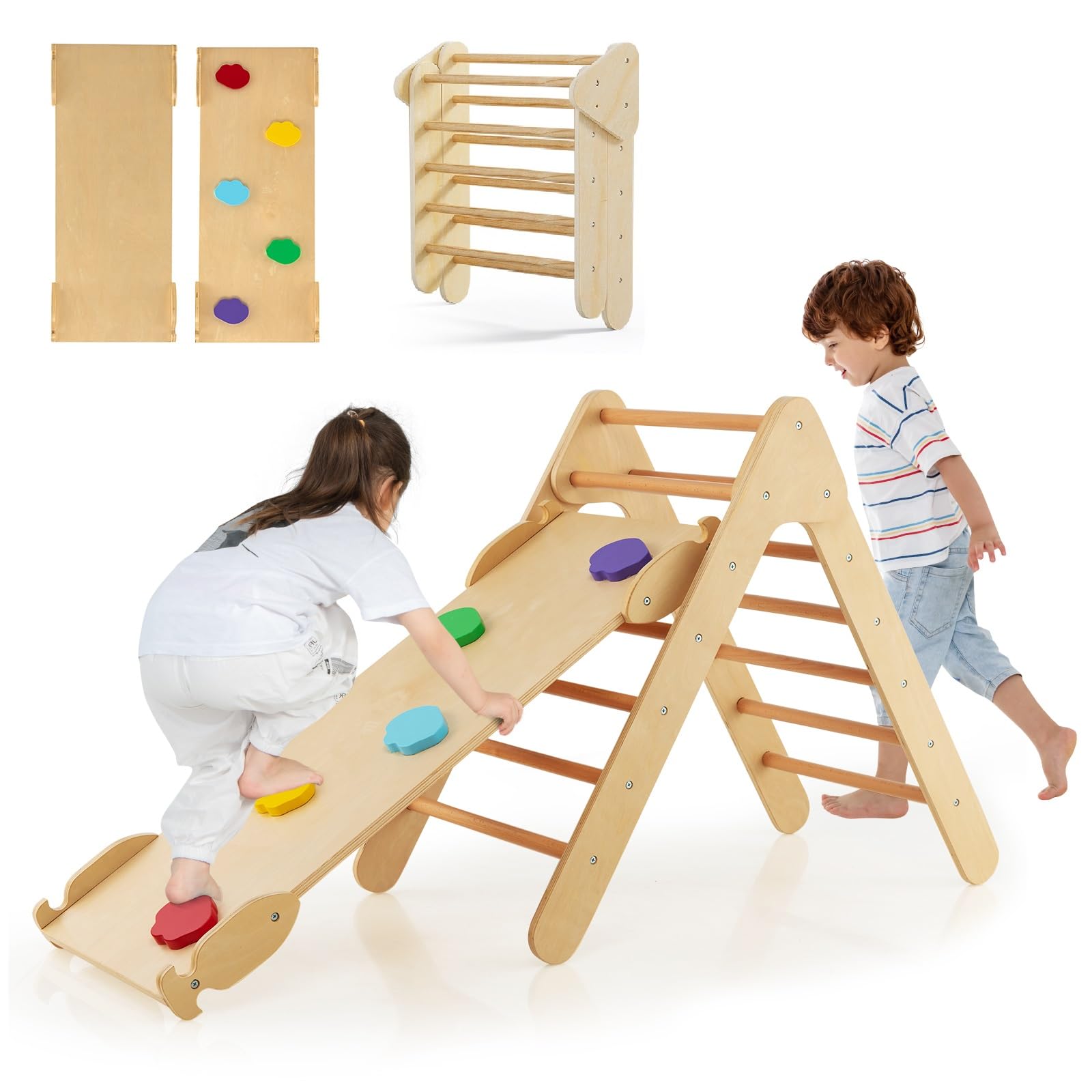 OLAKIDS Pikler Triangle Set 3 in 1 Climbing Toys for Toddlers Wood Montessori Baby Jungle Gym with Ramp Ladder Slide Kids Indoor Playground Activity