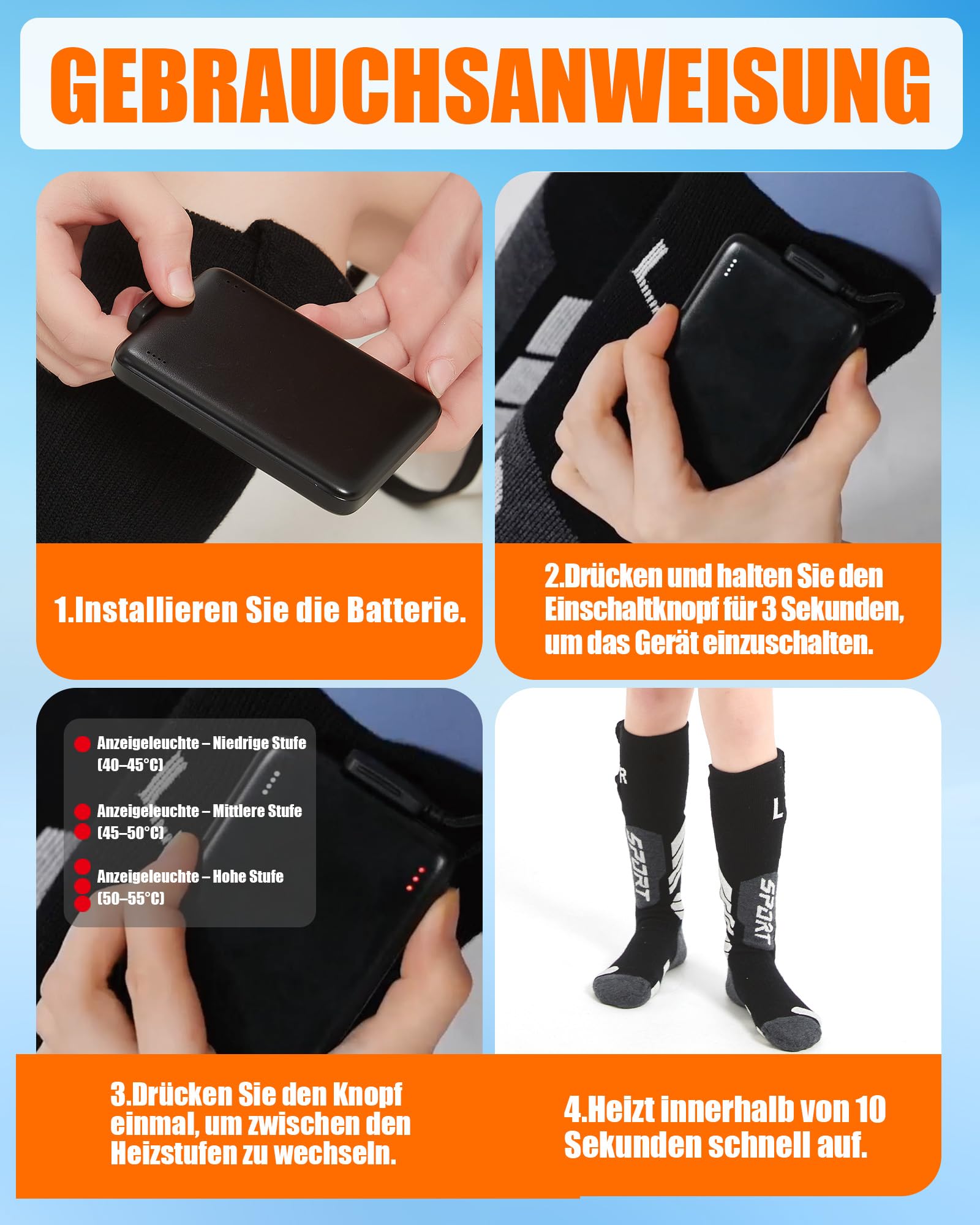 Calcetines calefactables para niños con batería de 5000 mAh – Calcetines térmicos para niños y niñas hasta la rodilla, calcetines eléctricos de lana para esquiar con elemento calefactor de fibra de