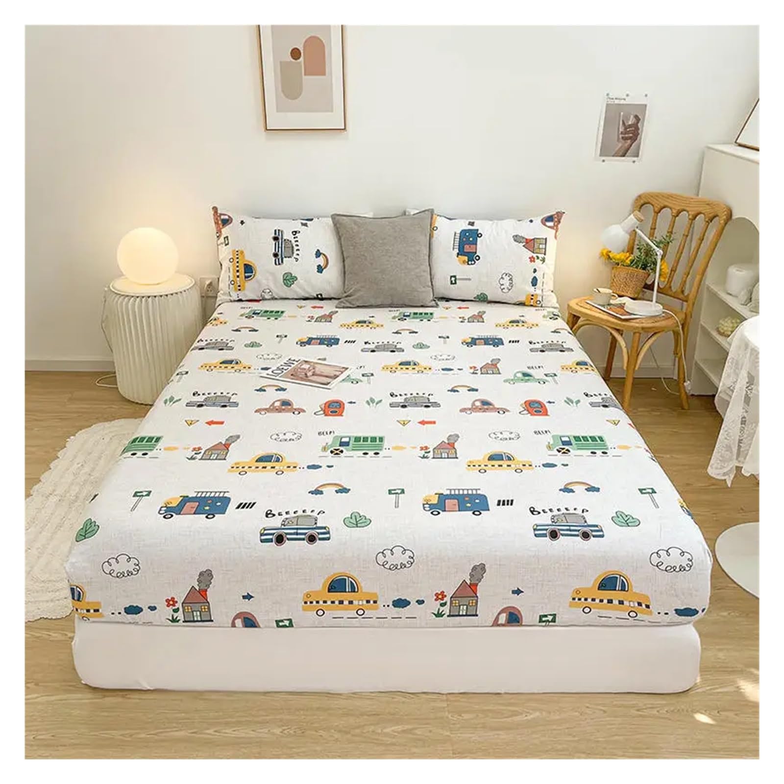 Printed Bed Sheets 1 Stück Spannbettlaken aus Reiner Baumwolle mit elastischem Cartoon-Autodruck-Abdeckungs-Unterlaken (ohne Kissenbezug)(Color 10,120x200x25cm)