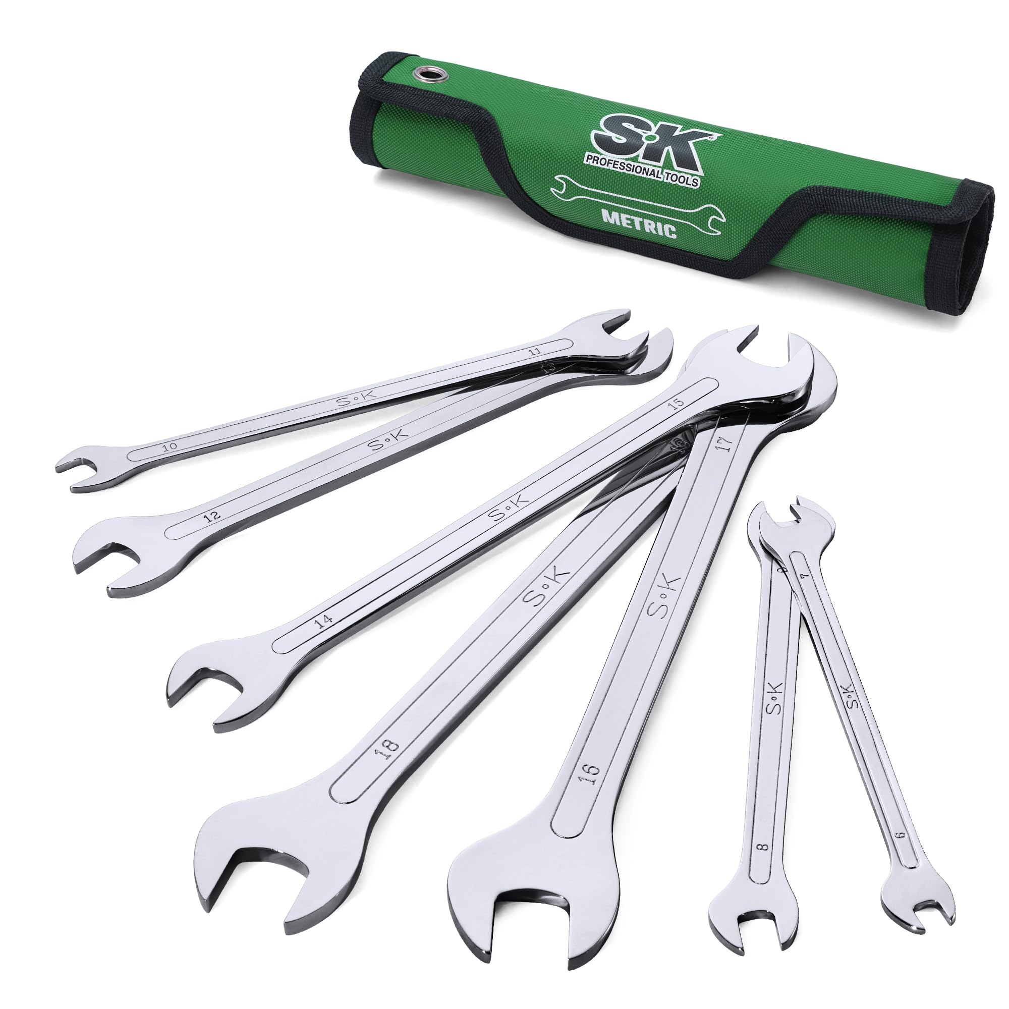 SK Super-Thin Open End Wrench Set, Metric 6 to 19mm, 7-Piece, Mirror Krome Finish, Premium CR-MO Construction, with Rolling Pouch