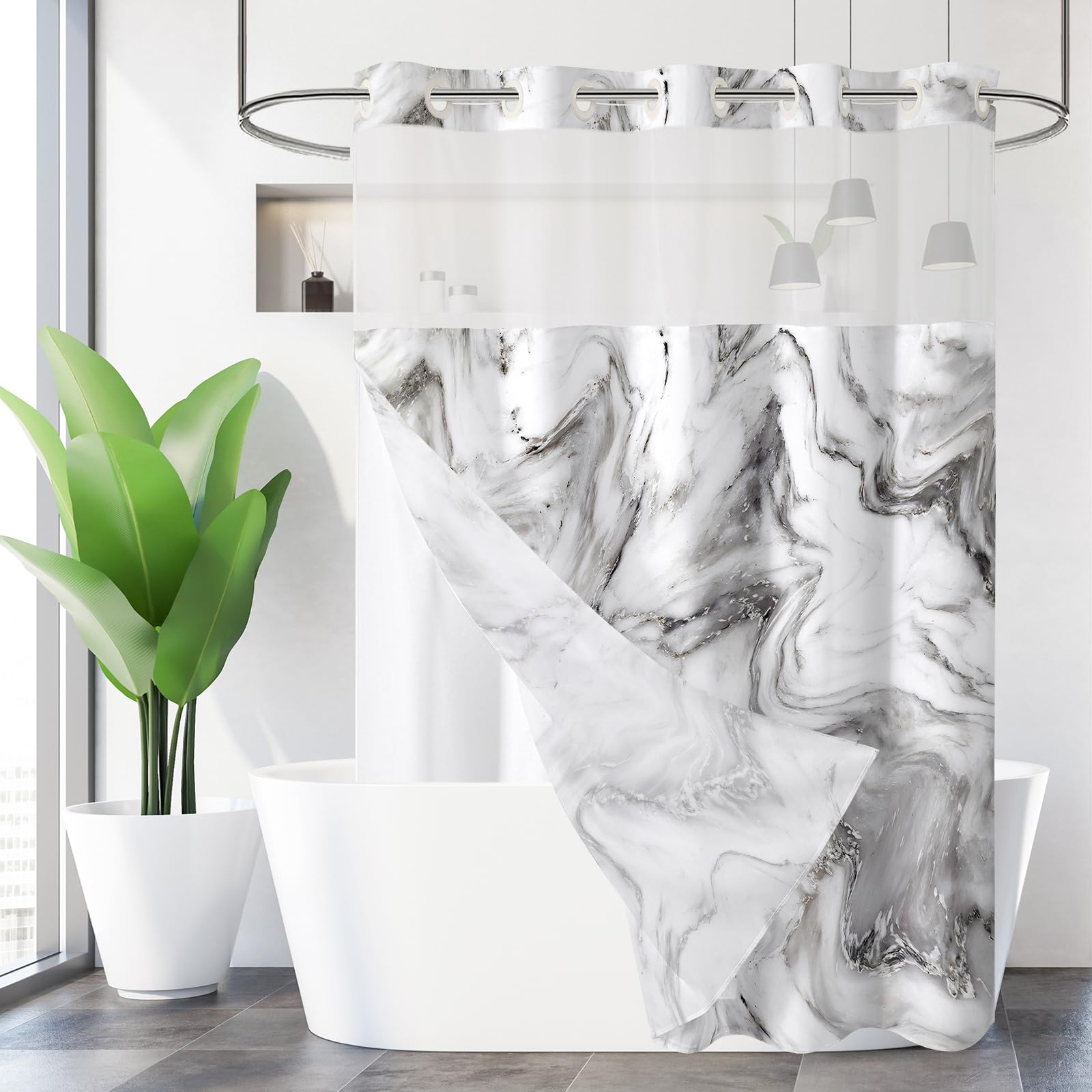 Gibelle No Hook Marble Shower Curtain with Snap-in Fabric Liner Set for Bathroom, Hotel Style with See Through Top Window, Waterproof & Washable, Grey, 72x74