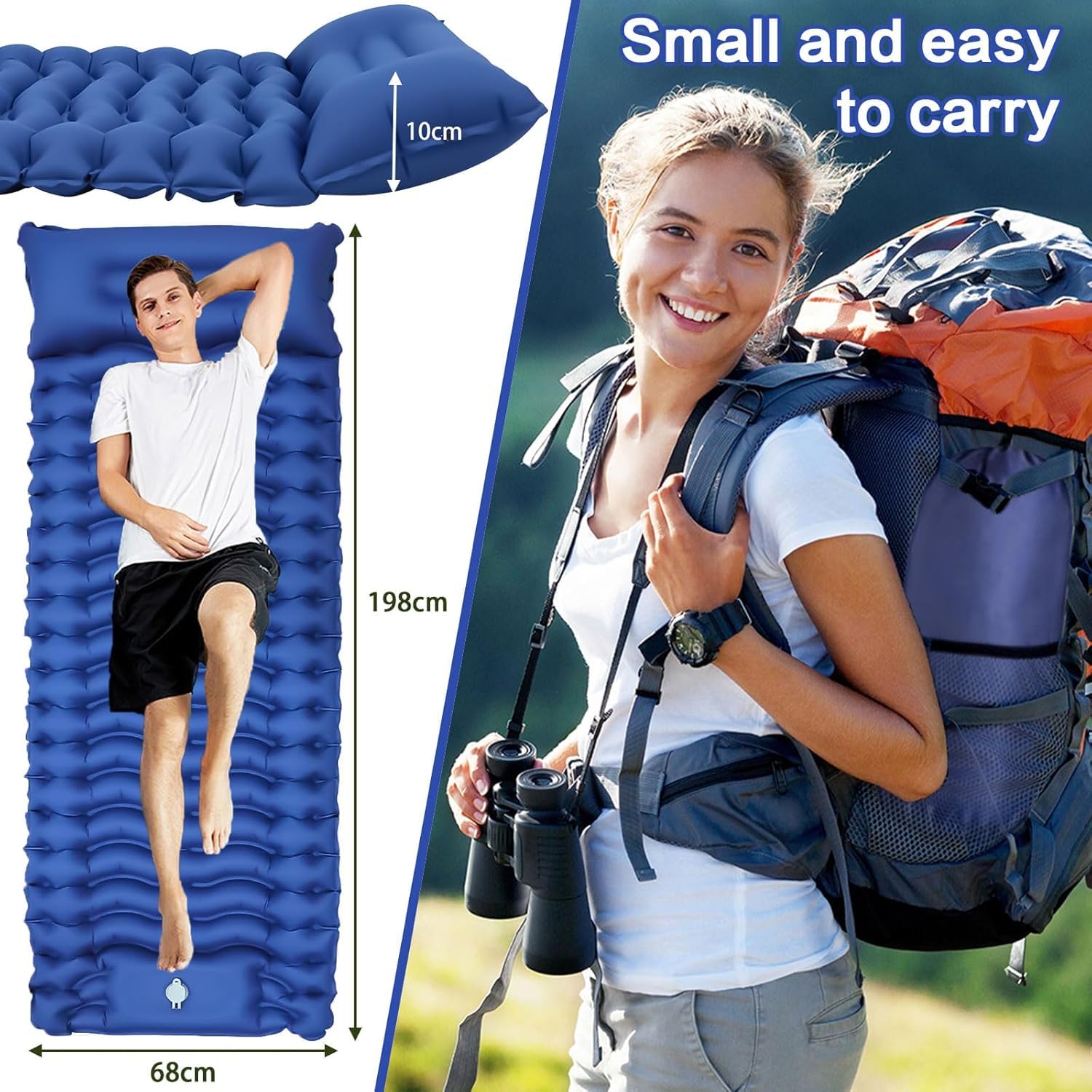 Matelas de Camping de 12 cm d'épaisseur, Ultraléger Matelas Gonflable Camping Pliable avec Oreiller & Pompe à Pied, Matelas Autogonflant Tapis de Camping pour Camping Tente Randonnée, Bleu - 2