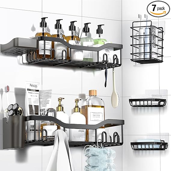 Shower Caddy Adhesive Shower Organizer 7-Pack, Rustproof Stainless Steel Bathroom Shelves, Large Capacity No-Drill Rack Storage Accessories with Soap Dish Toothbrush Holder &24 Hooks Home Decor