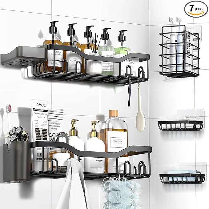 Shower Caddy Adhesive Shower Organizer 7-Pack, Rustproof Stainless Steel Bathroom Shelves, Large Capacity No-Drill Rack Storage Accessories with Soap Dish Toothbrush Holder &24 Hooks Home Decor