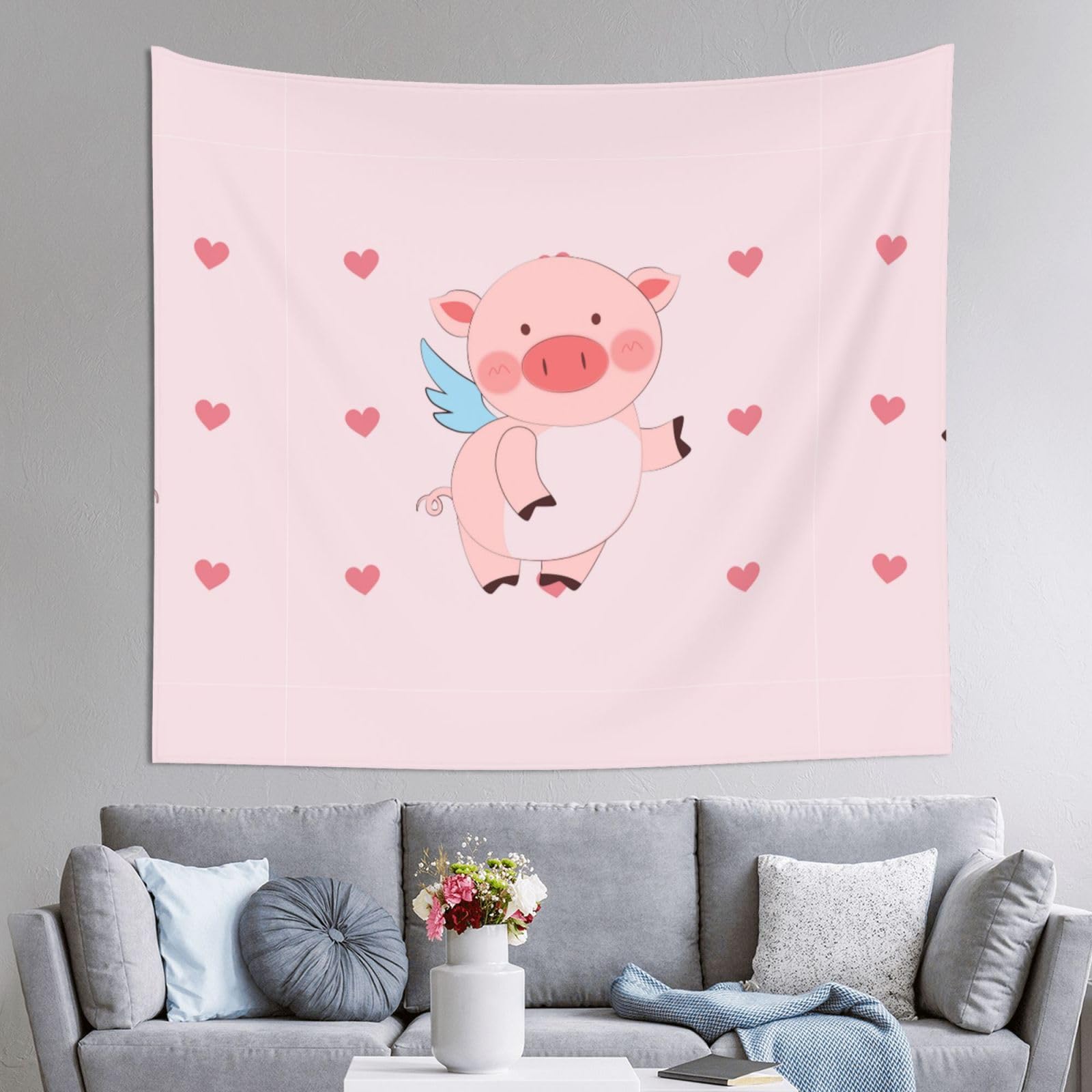 HLSBSSL 60x51in cartoon flying pig Printed Tapestry Tablecloth for Dormitory and Picnic Rooms - Multifunctional Fabric Hanging
