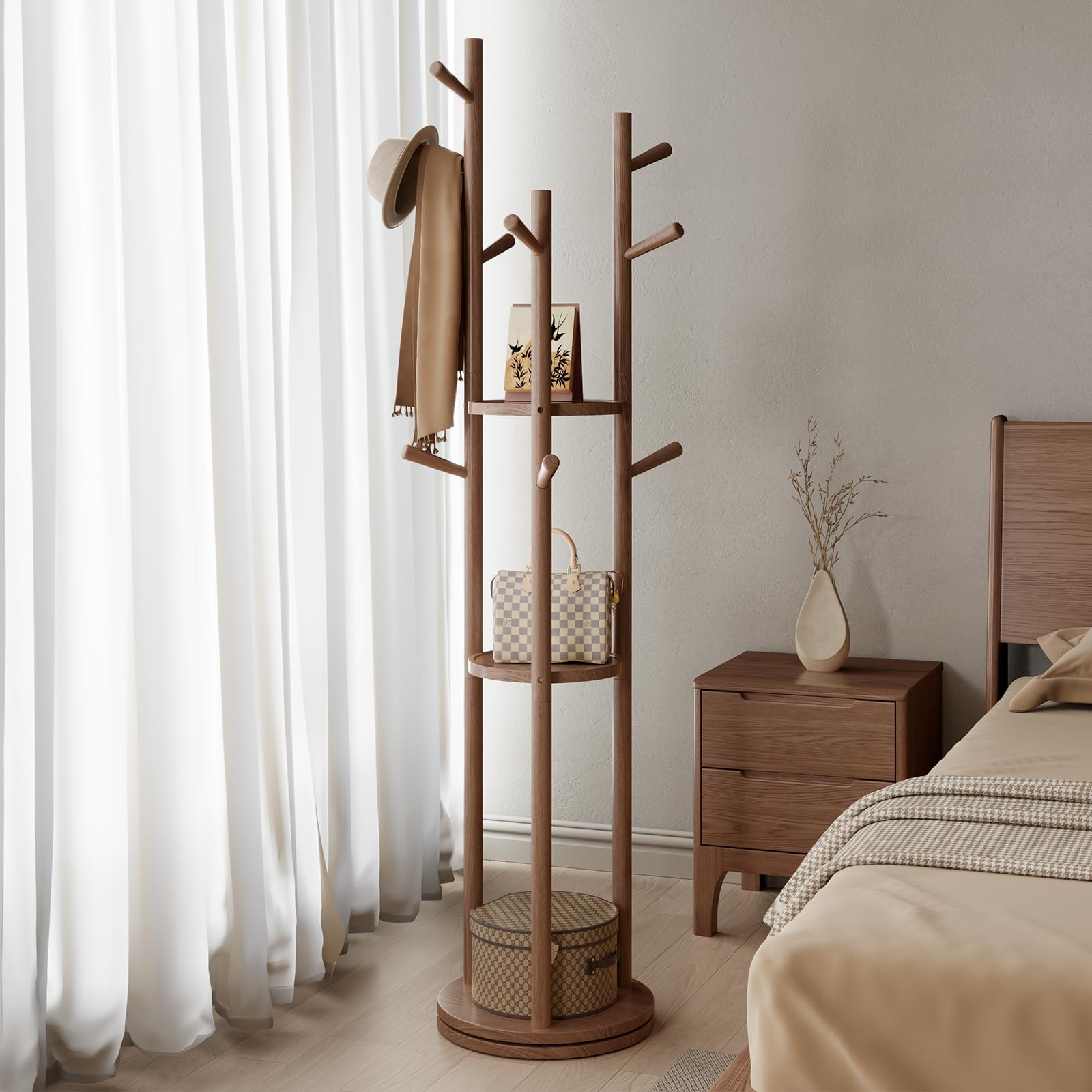 AQIMUELE Portemanteau Rotatif en Bois, Portant à Vêtement d’Entrée, Porte-Manteau sur Pieds pour Vêtements/Sacs/Chapeaux, pour Maison/Bureau/Entrée/Couloir, Noyer
