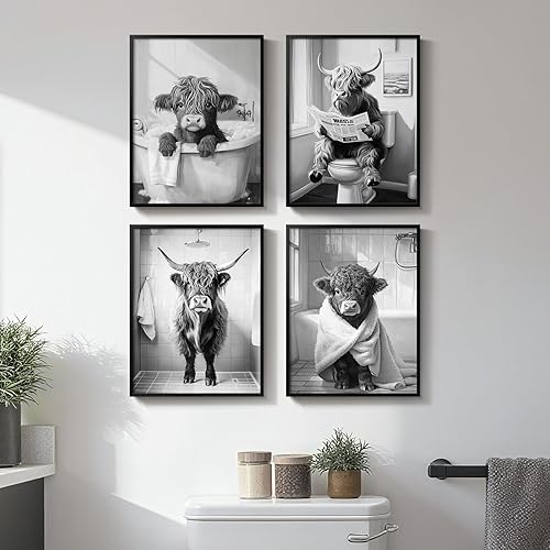 Arte de pared enmarcado divertido de vaca de las tierras altas para baño, 4 piezas de impresiones de pintura en lienzo en blanco y negro, divertida