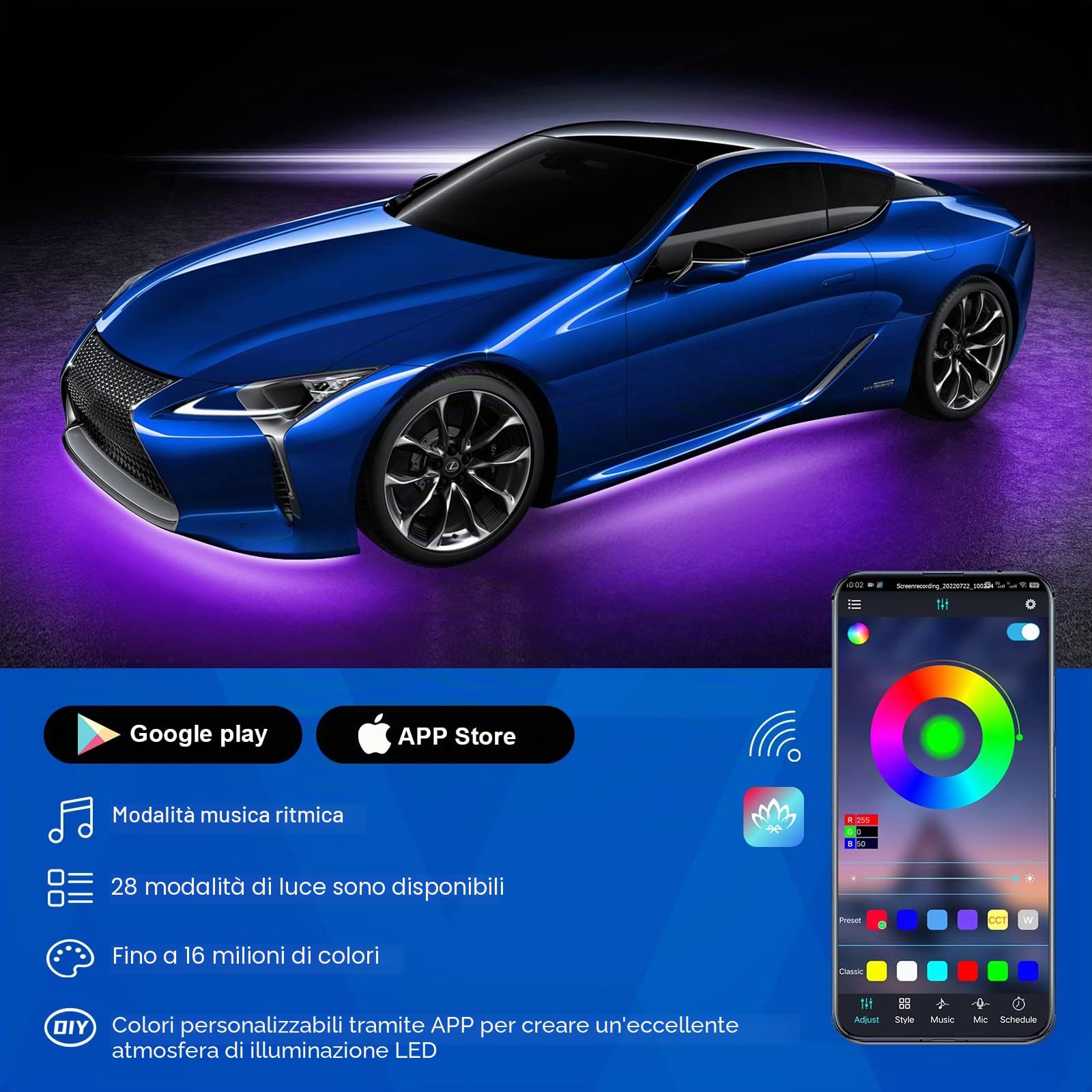 Striscia di luci LED sottoscocca per auto esterna, luci al neon universali RGB con modalità musica, kit di luci sottoscocca impermeabili multicolori - controllo app Bluetooth wireless (2×89cm+4×58cm)