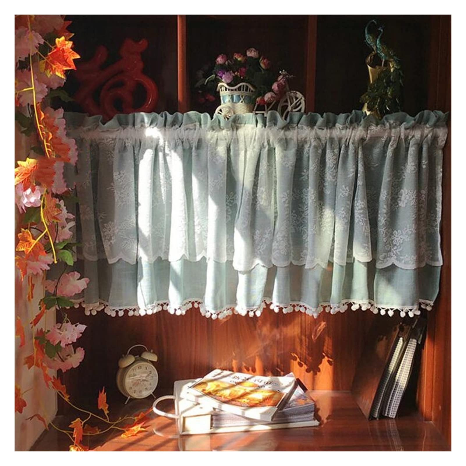 Rideau de cuisine en coton à pompons blanc cassé rustique brise-bise 135x70cm