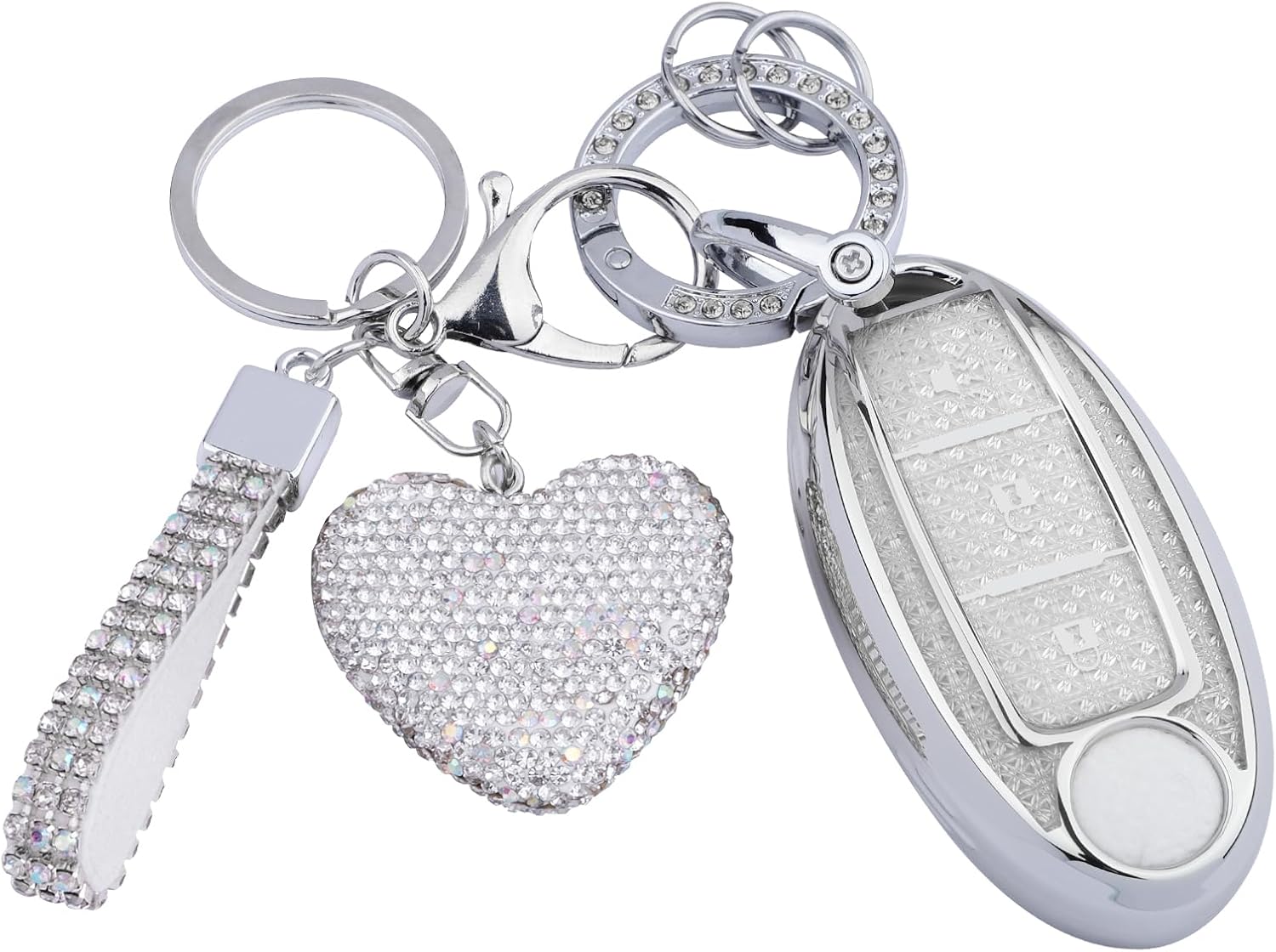 Compatiable with Nissan 3 Buttons key fob cover with Diamond Bling Keychain, Car Accessories Keys Shell TPU for Rogue Armada Pathfinder Versa Smart Key, Silver Clear Compatiable with Nissan-A 3 Buttons Silver Clear