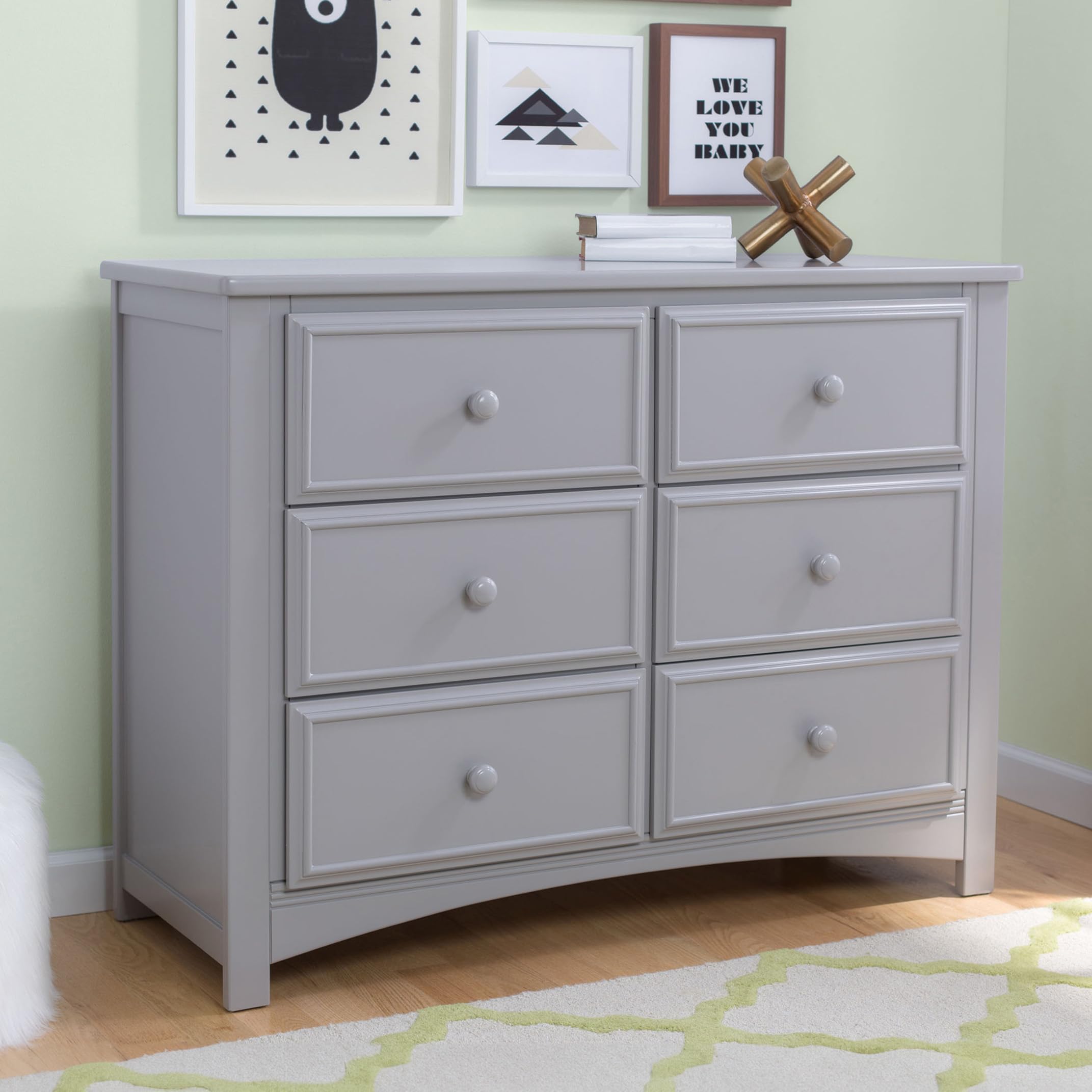 Delta Children Unisex Nursery 6 Drawer Double Dresser with Interlocking Drawers - Greenguard Gold Certified, Grey