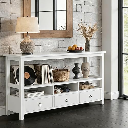 Karl home Mesa consola con 3 cajones inferiores, mesa auxiliar de sofá de 57.9 pulgadas de ancho, escritorio de entrada con 3 cubos de Blanco,Negro