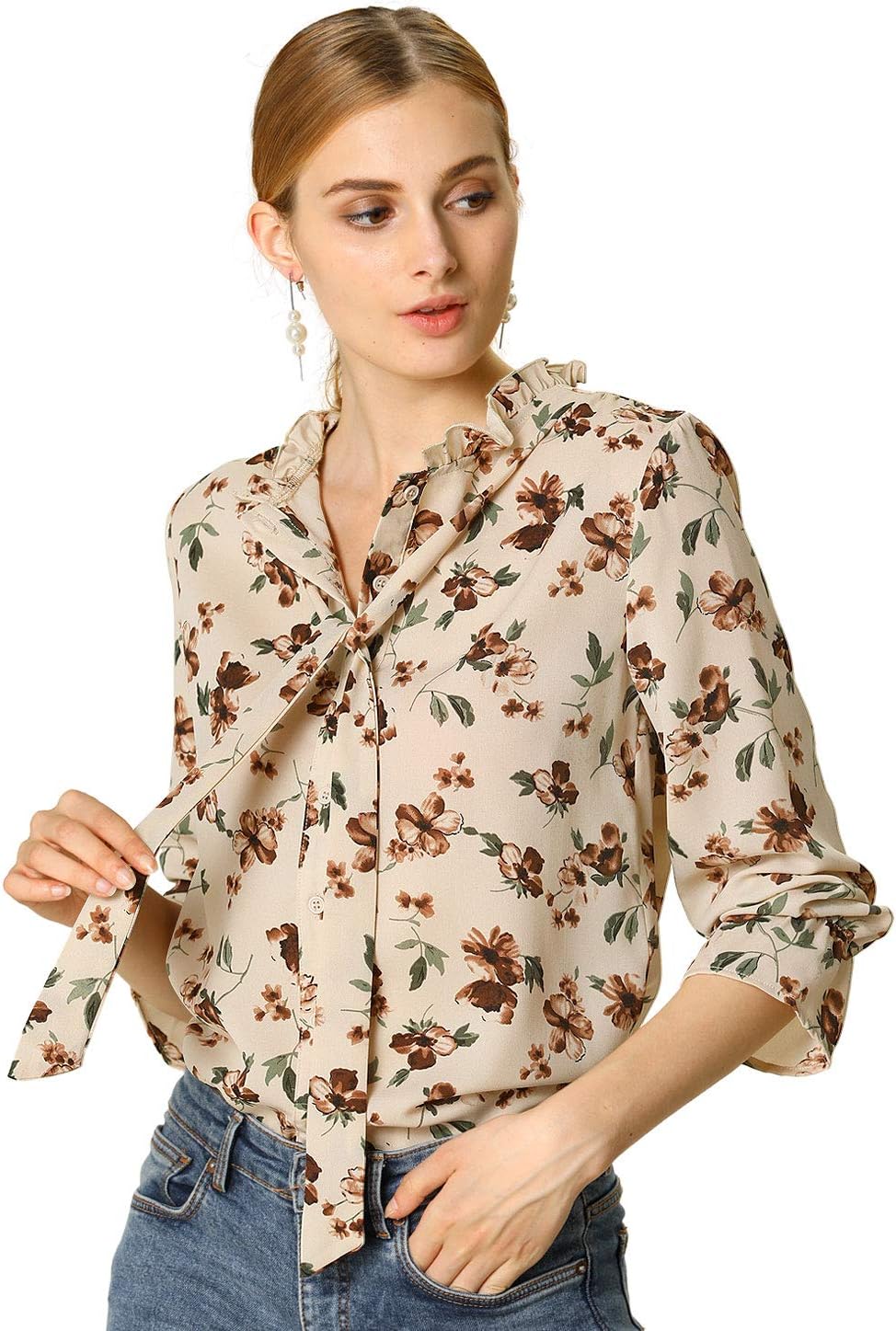 Allegra K Women's Vintage Floral Bow Tie Neck Button Up Ruffled Collar Casual Blouse Medium Beige