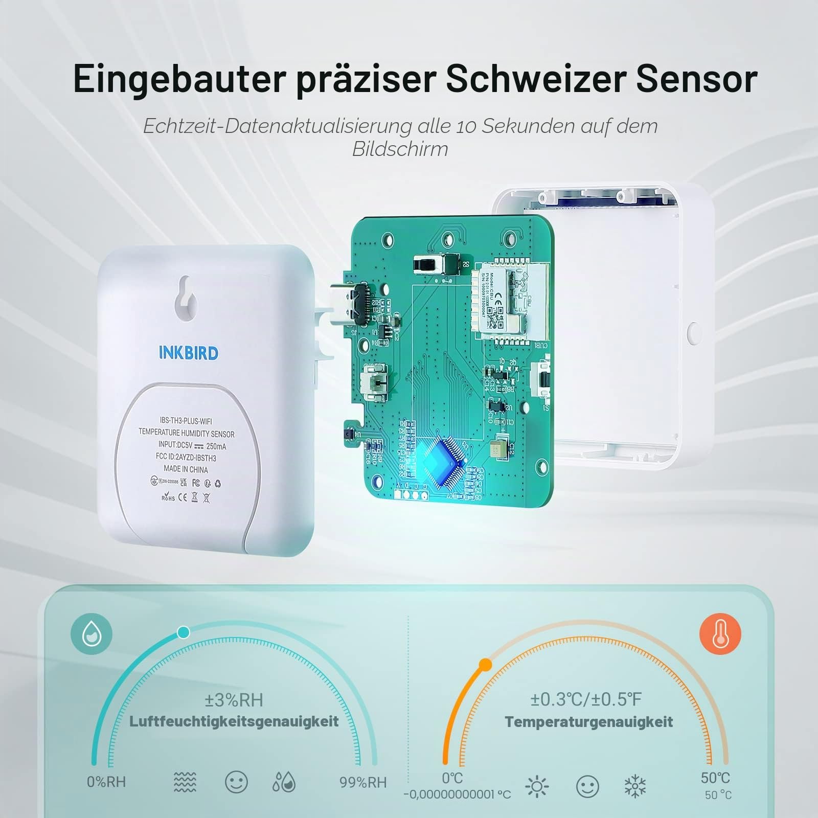Inkbird IBS-TH3 Plus WLAN Thermometer Hygrometer Innenraum Temperatur Feuchtigkeitssensor mit Wiederaufladbarem Akku LCD Display
