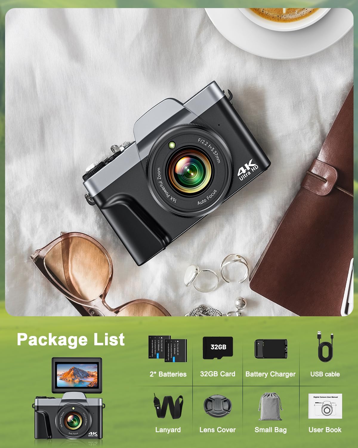 Cámara digital 4K con WiFi 64MP enfoque automático cámara de vlogging cámaras de viaje compactas para fotografía, pantalla abatible de 3 pulgadas 180°, zoom 16X, flash antivibración, tarjeta de 32 GB