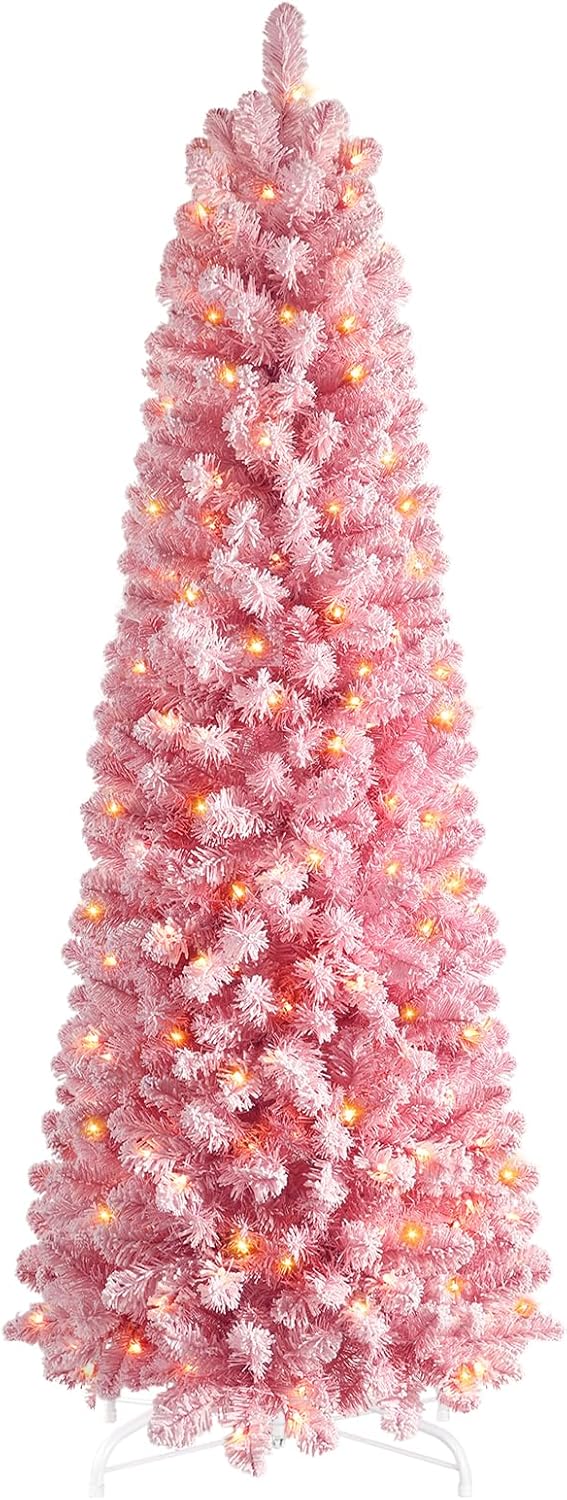 SHareconn 6ft Prelit Snow Flocked Artificial Hinged Slim Pencil Christmas Tree with Warm White Lights, Flocked Pencil Spruce Tree, Perfect Decoration Choice for Xmas Holiday, 6 FT, Flocked Pink