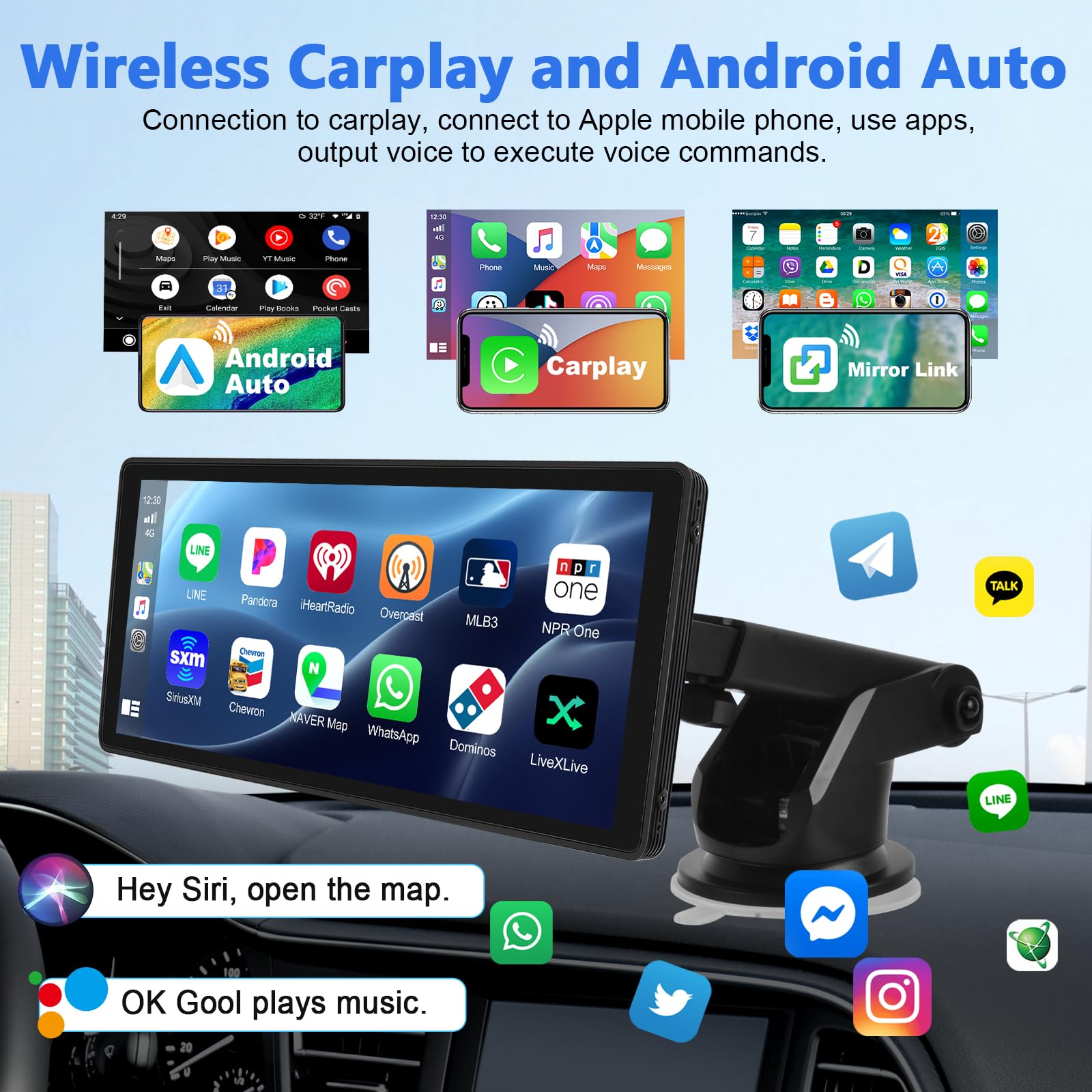 Podofo 10.26 IPS Portable Car Radio with Wireless Touch Screen Carplay Android Auto Digital Multimedia Receiver Touch Screen 7-32V with Bluetooth/FM Transmitter/AUX/GPS/Airplay/SD/TF