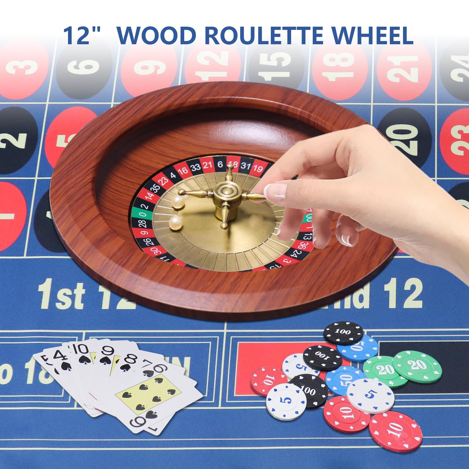 Set di ruote per roulette, giochi da tavolo per roulette con ruota da roulette in legno massello da 11 pollici, tappetino da casinò in feltro double face, 91,4 x 182,9 cm, 100 fiches da
