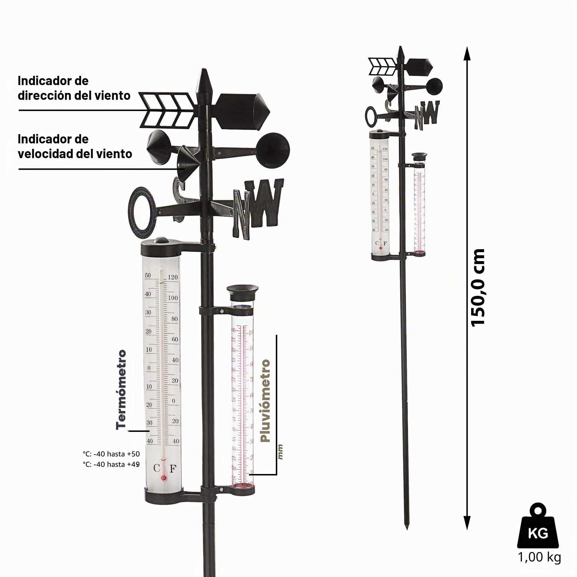 Estación meteorológica para jardín, barómetro, medidor de lluvia, termómetro, velocidad del viento, 150 cm