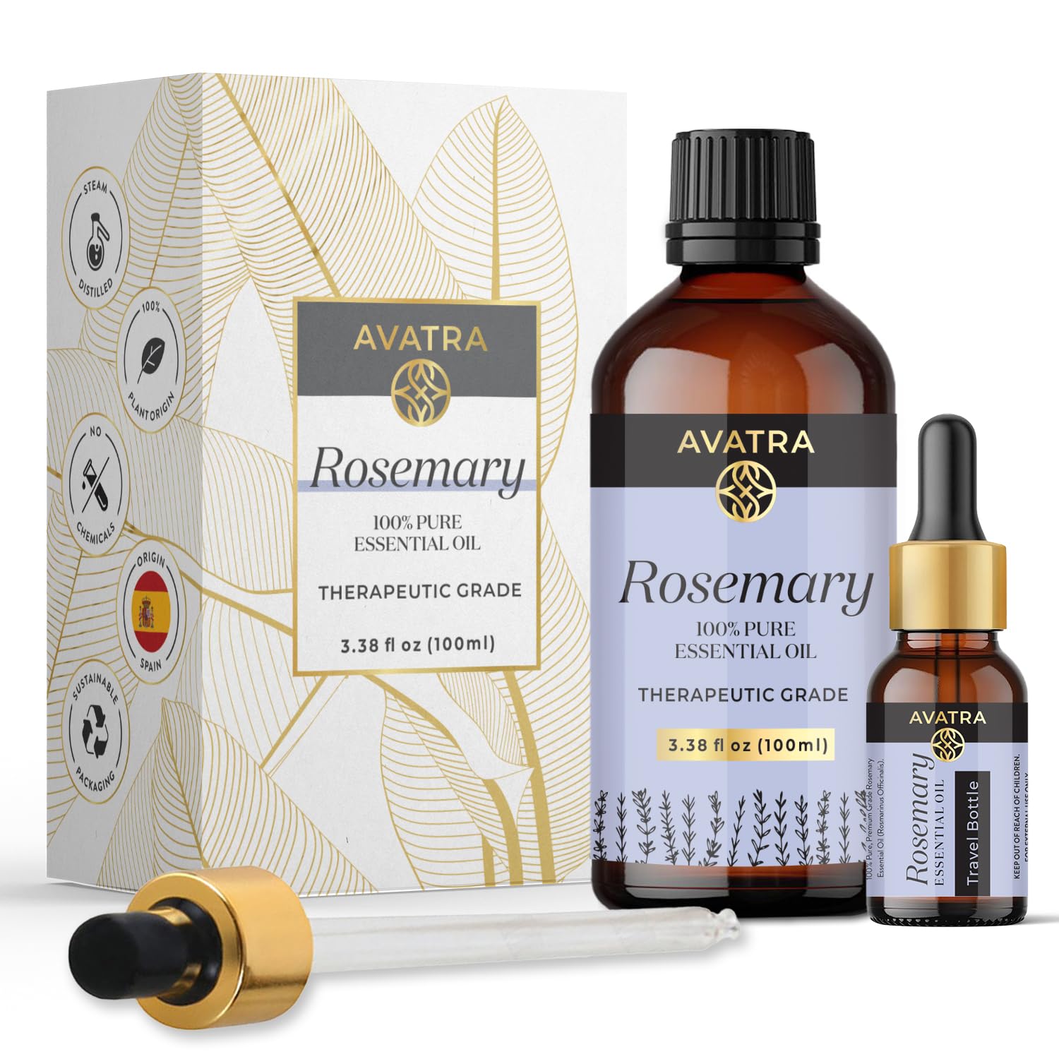 Avatra Rosemary Essential Oil 100ML (3.38 OZ) with Glass Dropper and Travel Bottle, Pure and Natural Therapeutic Grade Rosemary Oil for Diffuser, Aromatherapy, Massage, and DIY Candle Products