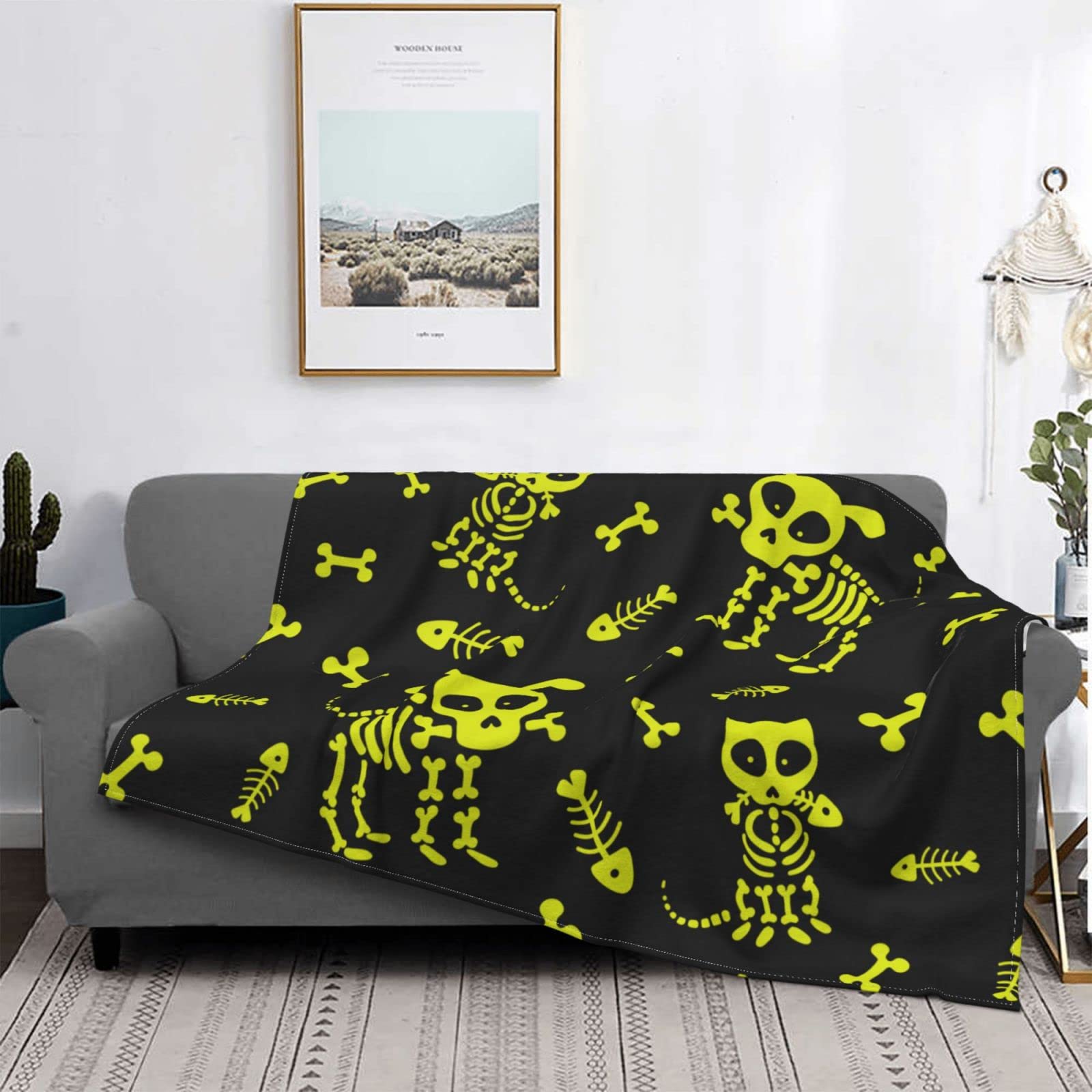 Drôle Chat Chien Squelette crâne os Mignon Doux jeté Couverture Polaire floue Confortable Doux Flanelle Peluche Confort Chaleur pour lit canapé canapé Toutes Saisons Utilisation 80"x60"