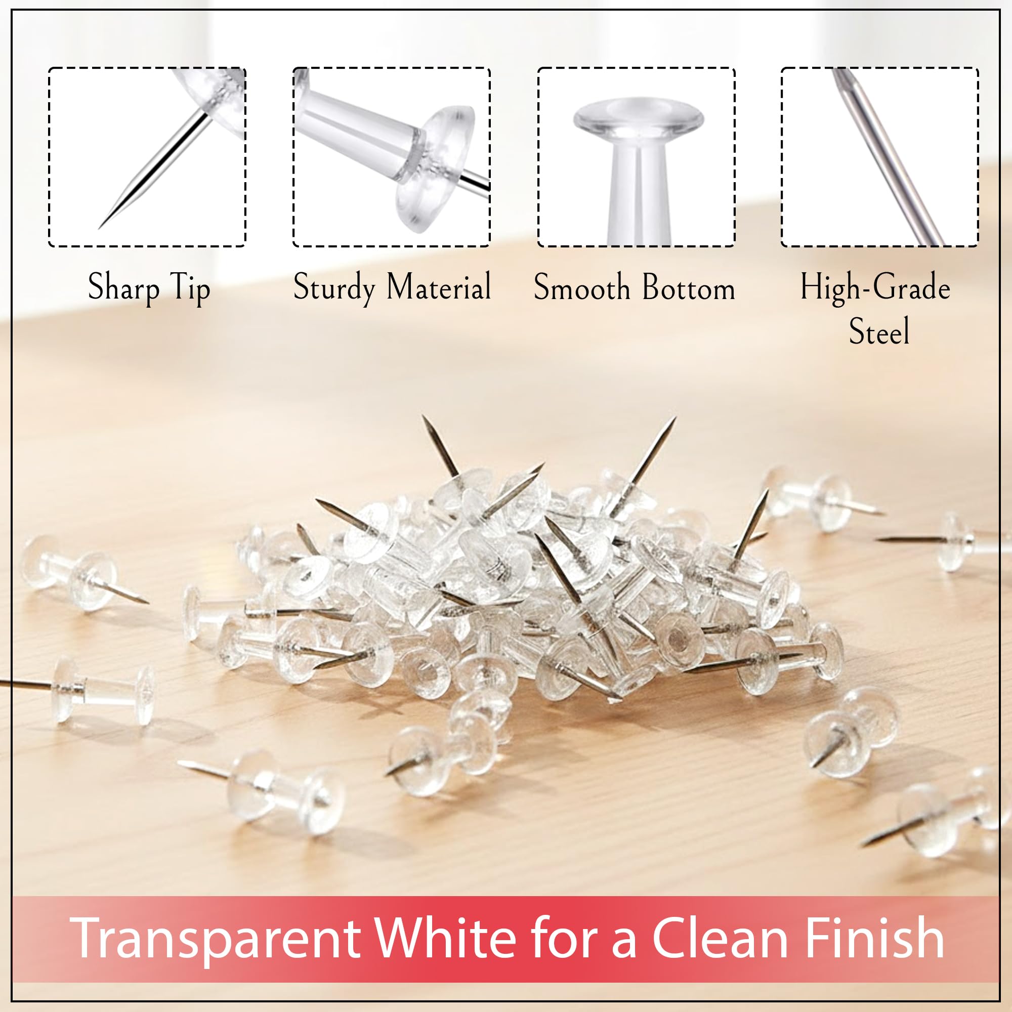 GLUN® 100 Pieces Steel Push Pins with Transparent Top, Durable, Strong & Sharp Thumb Tacks Pins for Notice Boards, Office & Home 1