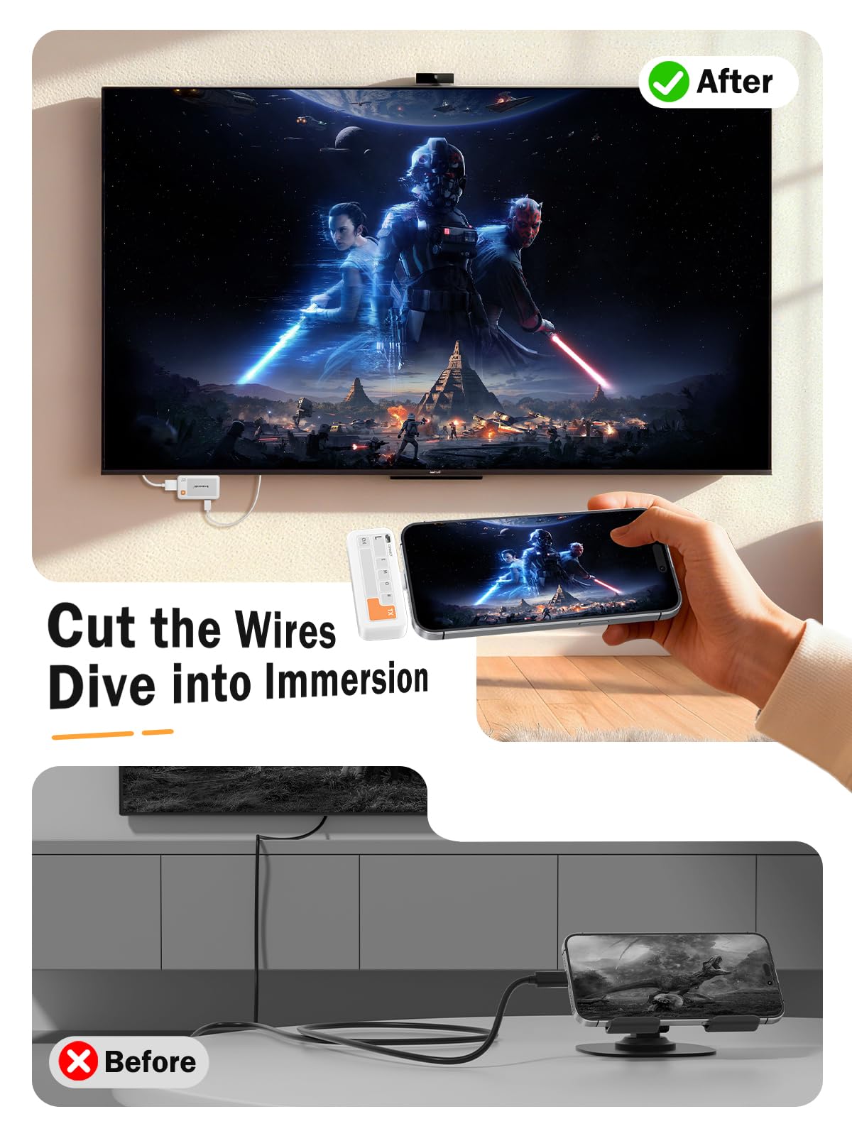 Lemorele Transmisor y Receptor USB C inalámbrico, 50M Plug&Play 5G HDMI transmisión inalámbrica para Streaming de Video y Audio Desde USB-C i-Phone/Tablet/Laptop a Monitor o proyector