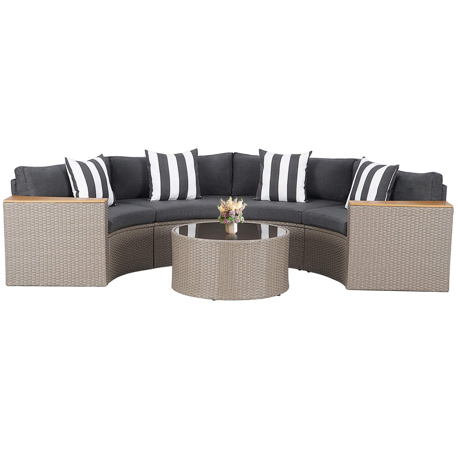 SUNCROWN Outdoor 5-Piece Half-Moon Sectional Sofa Furniture Sets - Grey Wicker Patio Curved Conversation Set with Round Coffee Table and Cushions - Grey