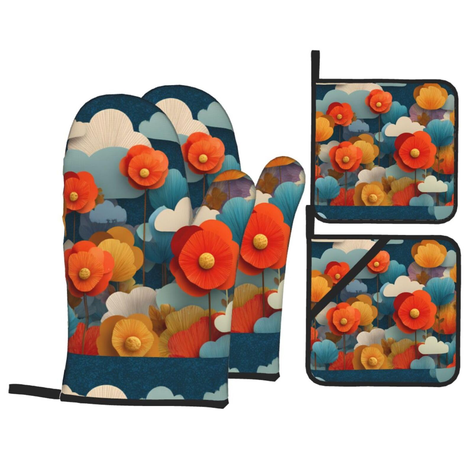 Kitchen Baking Four-Piece Set WHJSSF Flowers in The Clouds Pattern Heat-Insulating and scalding-Proof for Kitchen Baking and Outdoor Barbecue