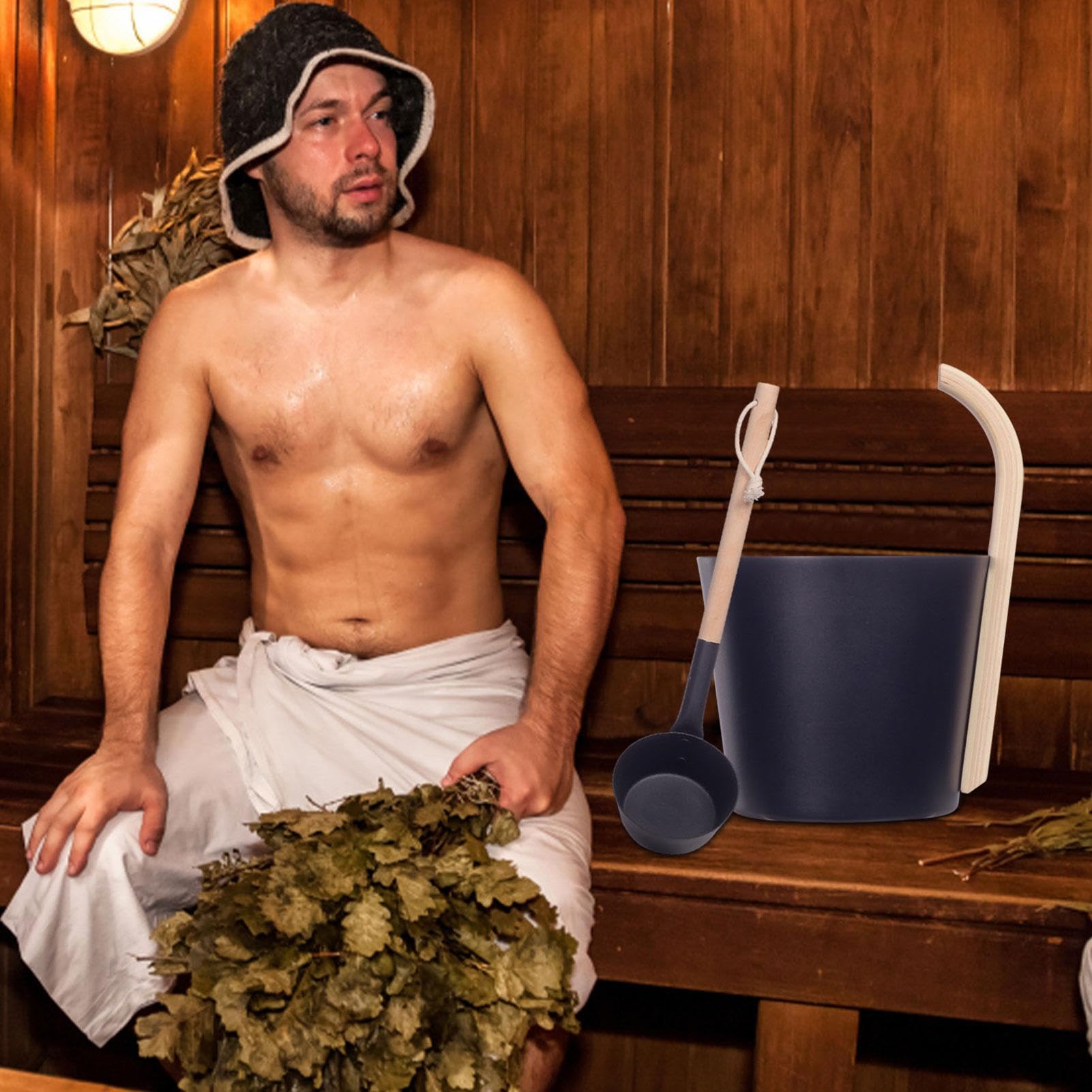 Sauna Eimer, 7L Sauna Komplett Set Sauna Eimer, Schwarzem Aluminium und Kelle mit Griff, Trockensaunazubehör, hitzebeständig, für Hotels, Badewannen, Spa-Center und Zuhause