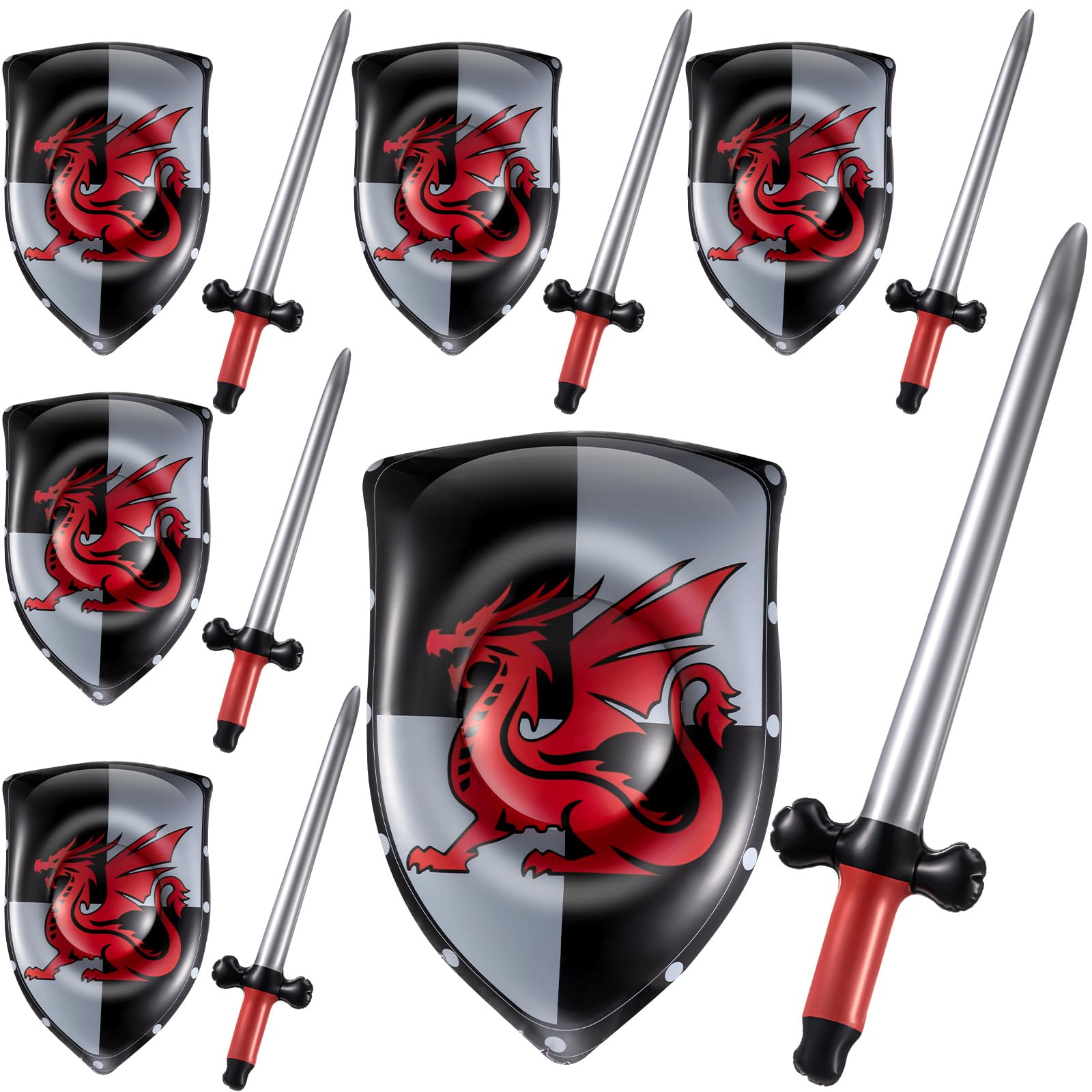 Poen Inflatable Sword and Shield Knight Party Favors Set Blow up Medieval Sword Shield for Prince Party Favors Decorations Cosplay Accessories(4 Pcs,Dragon)