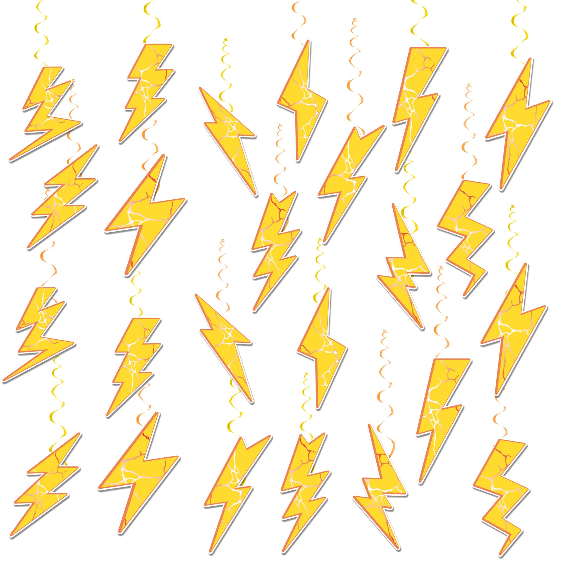 Photo 1 of 24 Pieces Lightning Hanging Swirls Flash Weather Streamers Gold Lightning Hanging Decorations Ceiling Swirls for Yellow Lightning Birthday Party Decorations Party Supplies Baby Showers Decorations