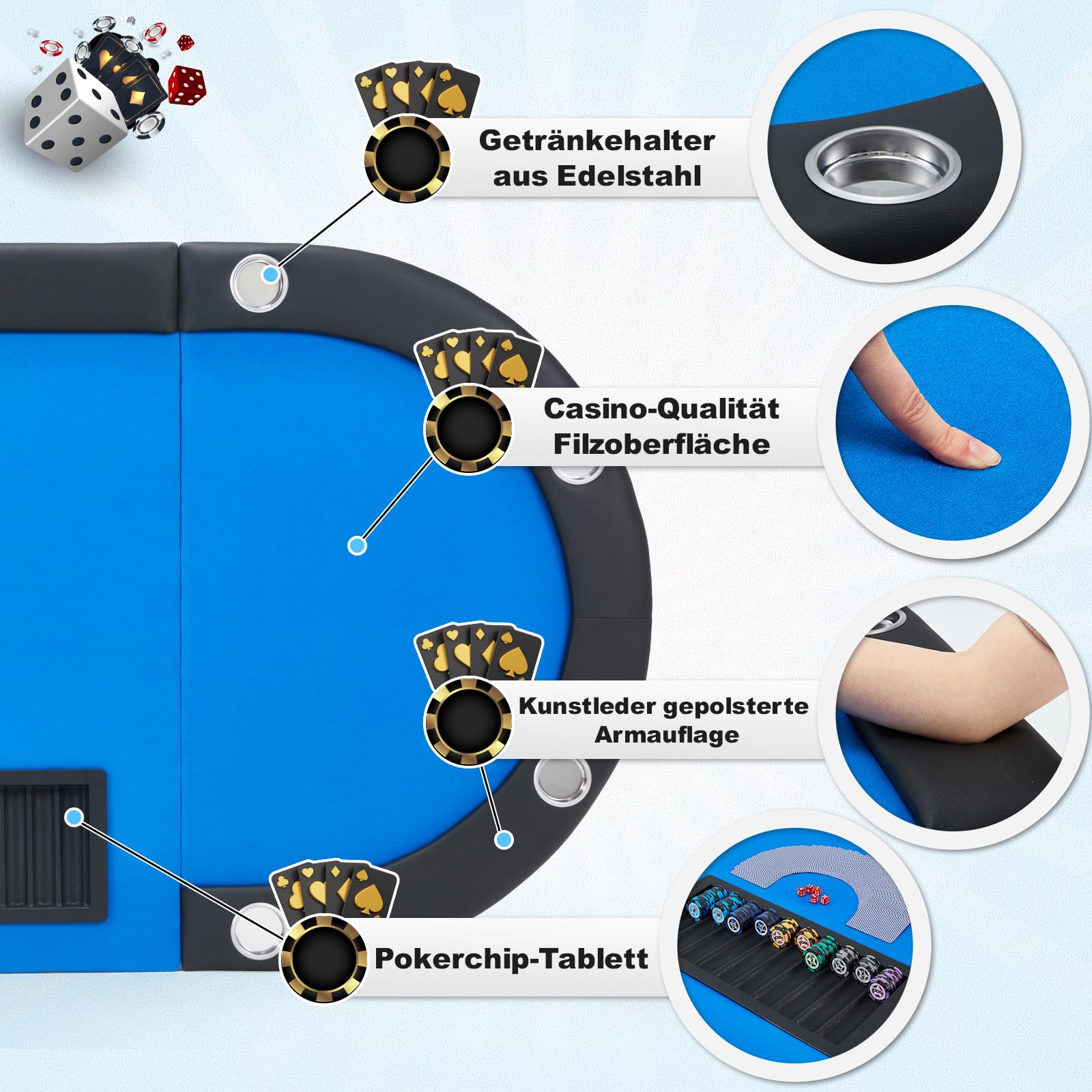 AVAWING Pokertisch Klappbar 9 Spieler, Spieltisch mit Getränkehalter aus Edelstahl (Blau)