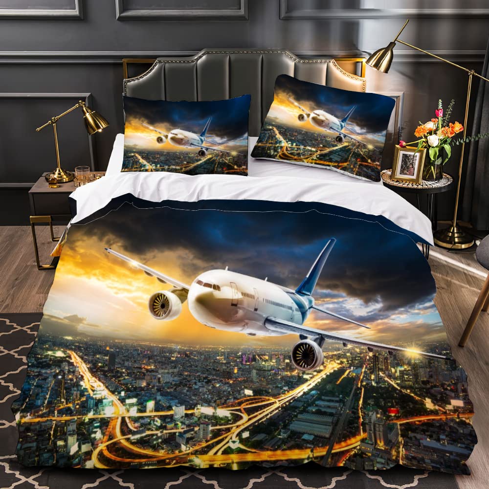 Flugzeug Bettbezüge für Kinder Jungen Mädchen Einzelbett 3D Der Blick Auf Die Stadt Bettwäsche 135x200 cm 2teilig Mikrofaser Bettbezug Sommer Warm Weiche Bettwaren mit Kissenbezüge 80x80
