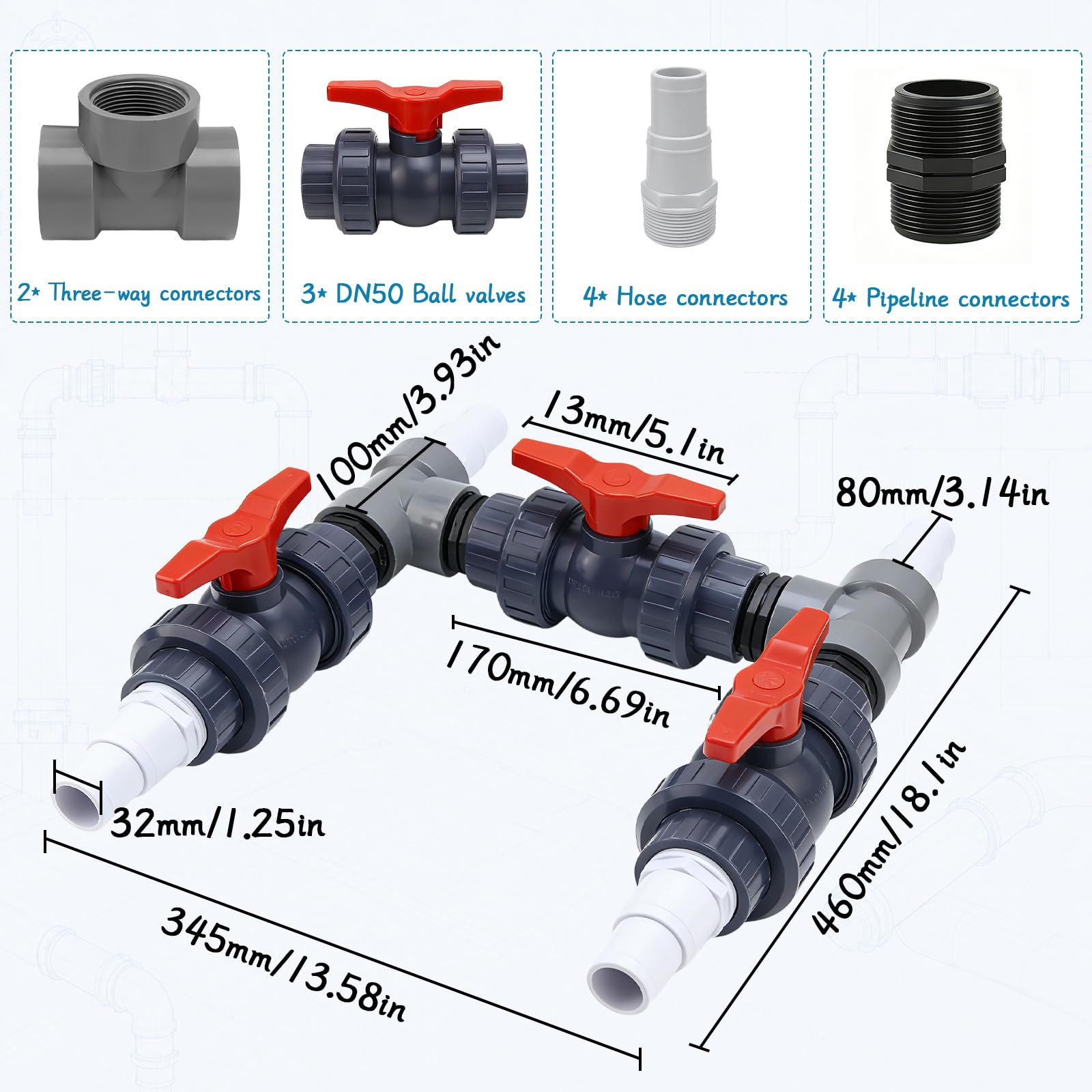 Bypass Kit de piscine 50 mm, pompe à chaleur, kit de raccordement de piscine avec becs de tuyau en ABS 32/38 mm, chauffage de piscine, pompe à chaleur, chauffage solaire, dérivation de