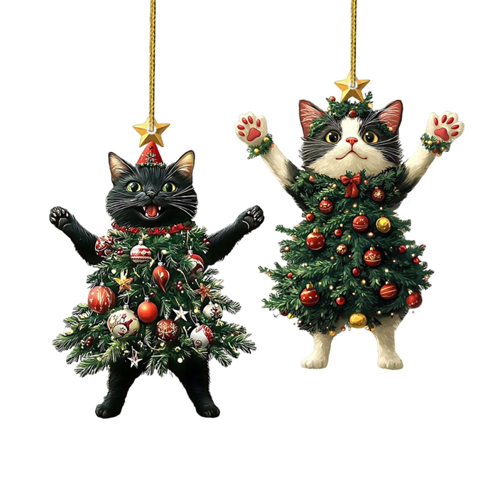 2PCS Funny Cat Christmas Tree Keychain Bag Charms, Cat Ornaments for Car Rearview Mirror Pendant, Xmas Gifts for Women Cat Lovers - Festive Cat Christmas Decorations