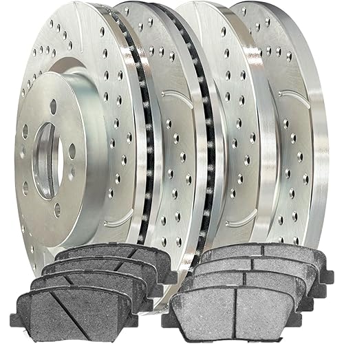 AutoShack Front & Rear Drilled & Slotted Brake Rotors Ceramic Brake Pads | Replacement for Hyundai Santa Fe Sport 2016-2020 Kia Sorento AWD FWD | Zinc Coated | 12-PC Brake Kit | SilverShield Pro