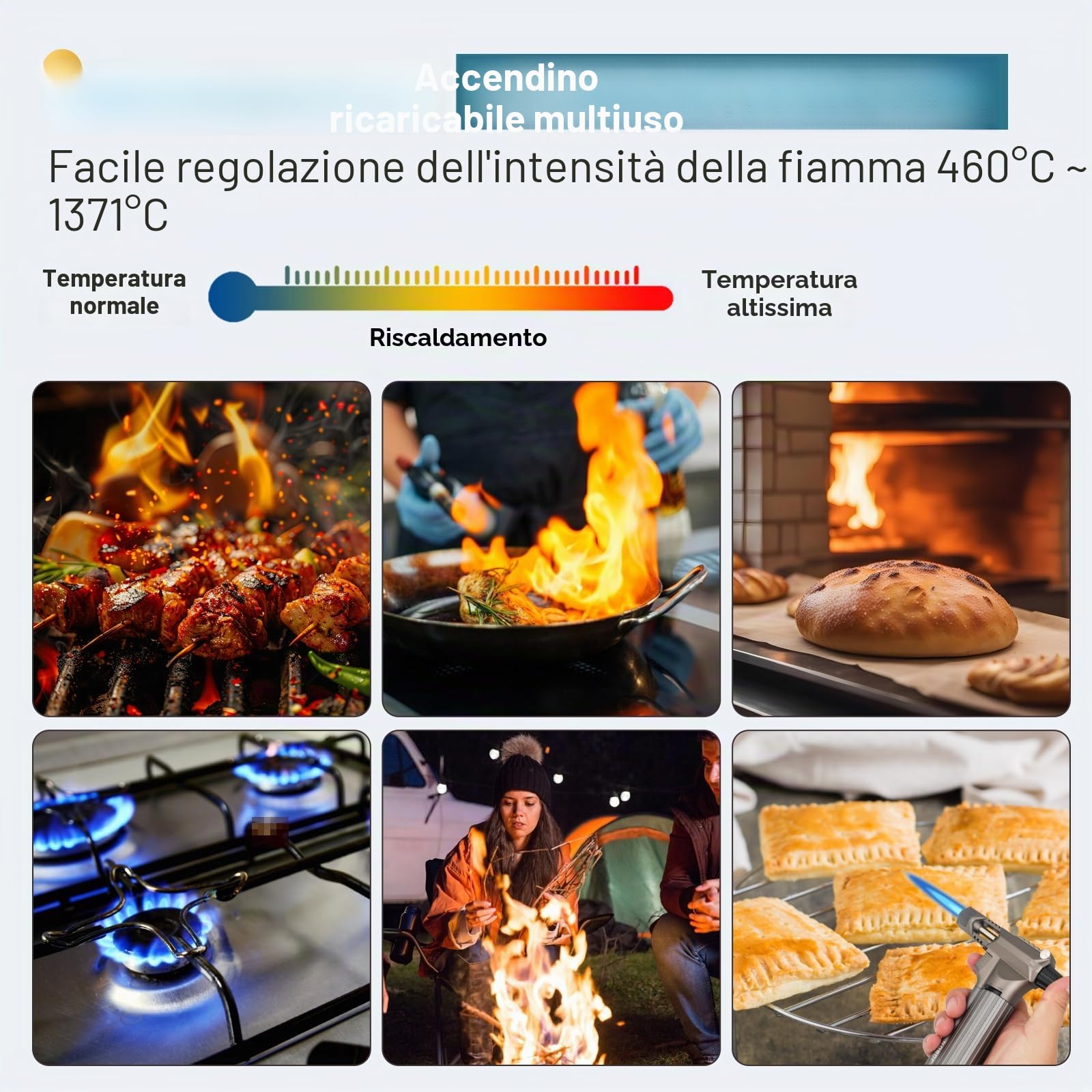 Tutto in metallo, bruciatore professionale da cucina con blocco di sicurezza, fiamma multiuso ricaricabile regolabile, per barbecue all'aperto, cottura