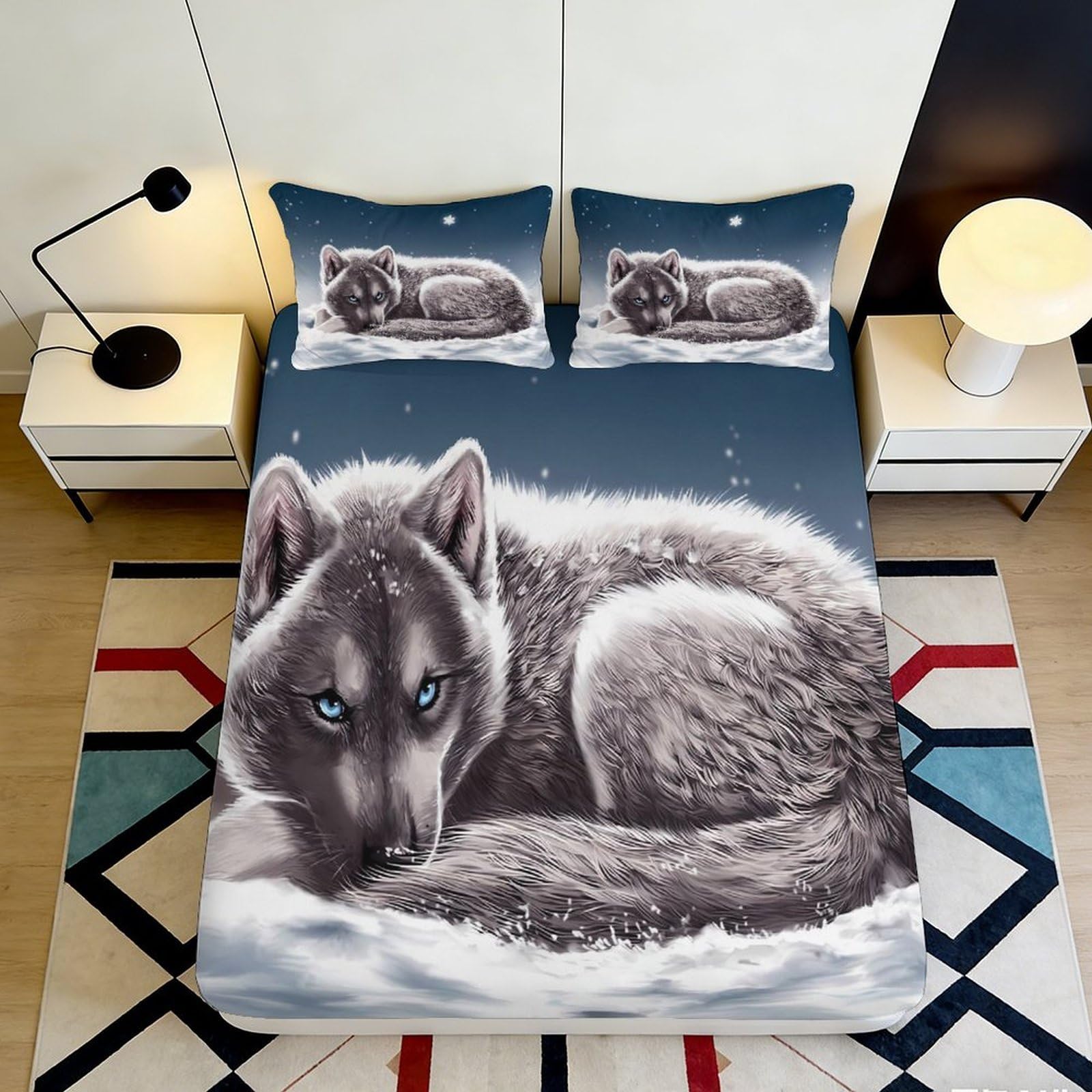 3D Printed Wolf Night Fitted Sheet Microfiber Soft Breathable Snow Forest Bed Cover for Bedroom Dorm Decor 90x200x25cm