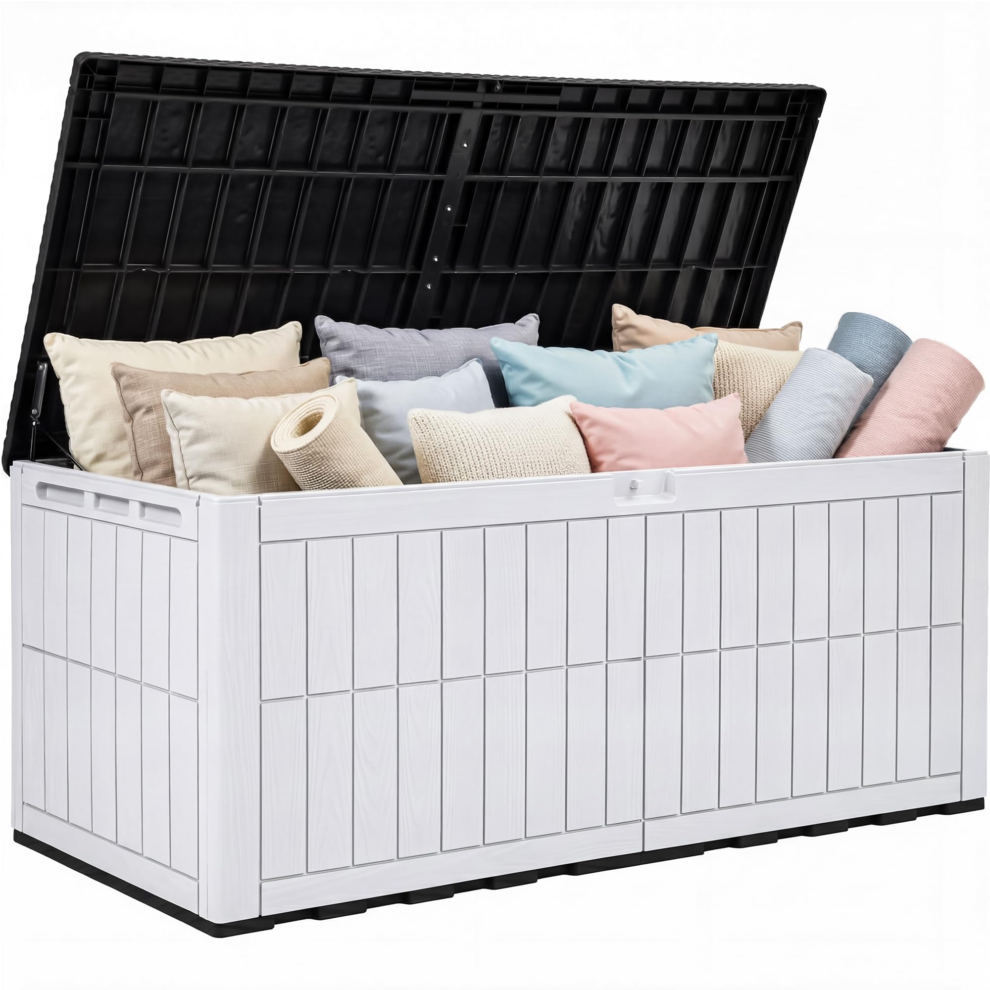 YITAHOME 833L Large Outdoor Garden Storage Box, Waterproof Resin Deck Box with Lock & Hydraulic Piston, 3-Person Bench Seat for Patio Cushions & Garden Tools, UV-Resistant & Weatherproof, Black-White