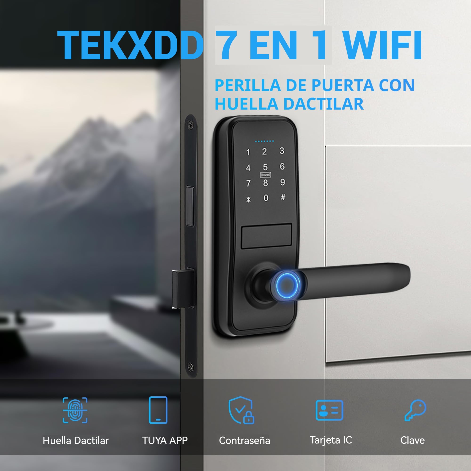 Cerradura Inteligente WIFI - 7 en 1 Fechadura Inteligente, Tuya App, IC Card, NFC, Huellas Dactilares, Contraseña Digital, Llave Mecánica,Biometric Smart Door Lock, Bloqueo Automático